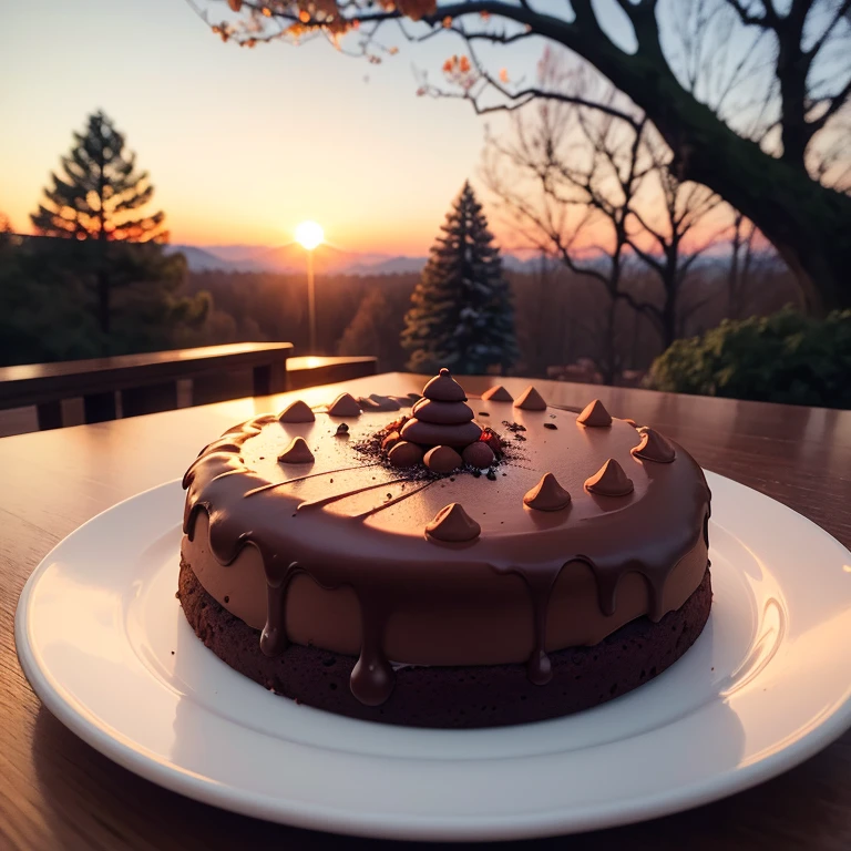 Chocolate cake near a tree falling on it small pieces of chocolate from the sky in the sunset atmosphere, merry Christmas festival