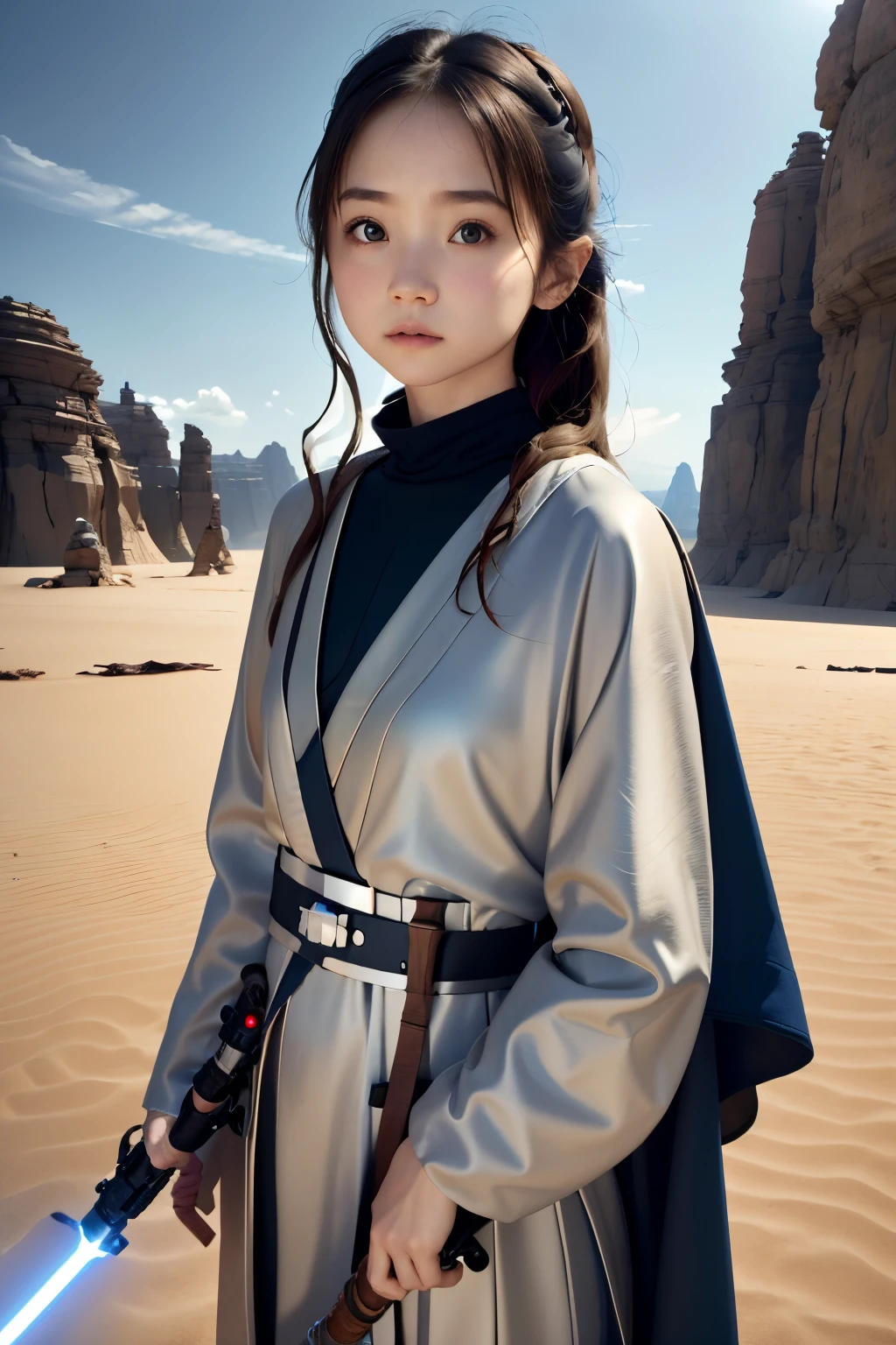 parfect anatomy、Correct delineation、detailed lightsaber、jedi knight、one girls、Cute *********** s、Khaki poncho、Female knight holding a lightsaber、light blue lightsaber、Dark world、StarWars、desert background、top-quality、masuter piece、Cinema Stick、StarWars、