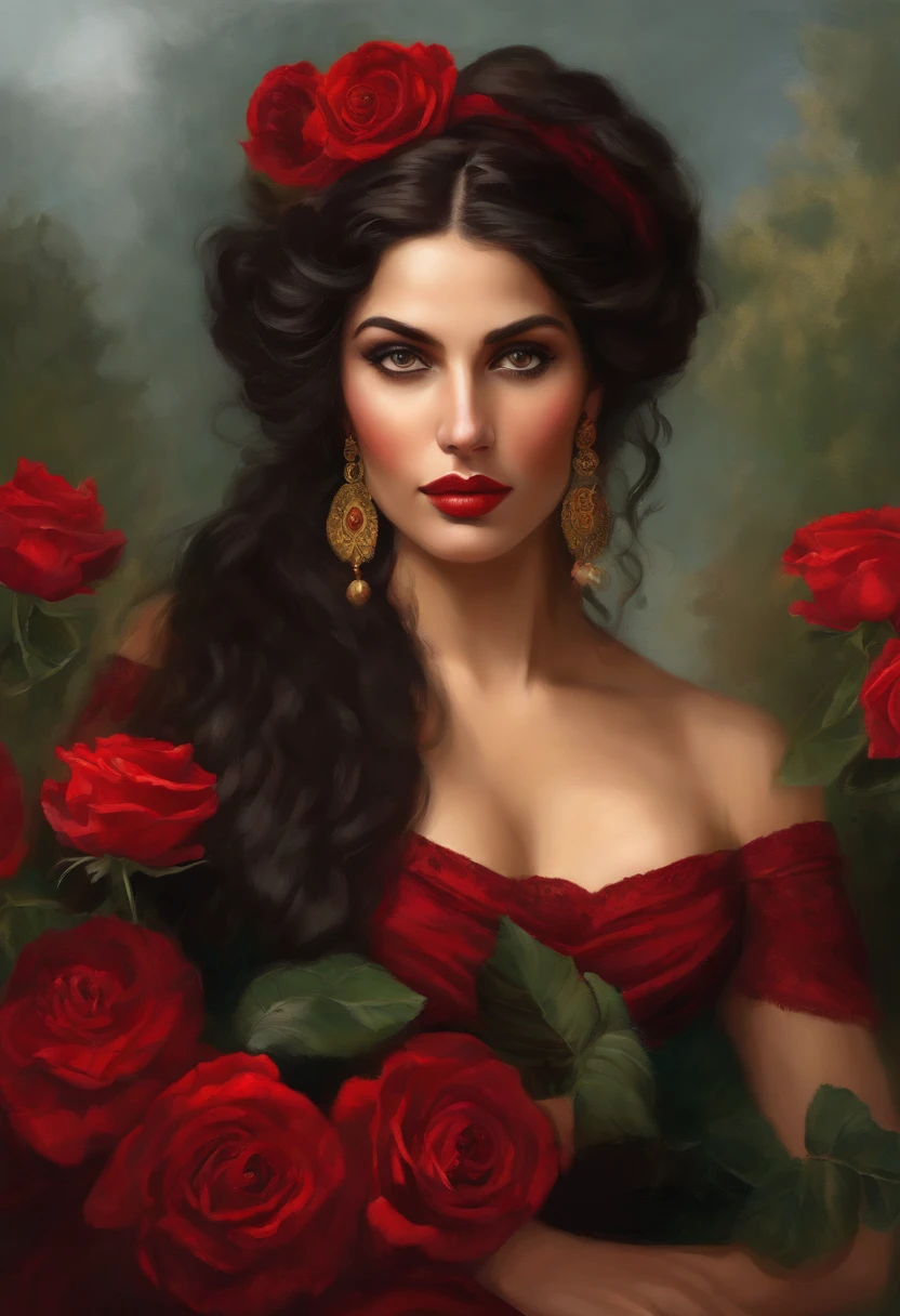 Painting of a gypsy woman, with green eyes, sexy and red mouth, rounded and beautiful face, black hair, hair in a voluminous Spanish bun, sexy and sensual, happy and seductive woman with a panther look, red dress with ruffles and embroidery, Victorian Era style, surrounded by roses, a Goddess of beauty, portrait of a Goddess, In Bowater art style, renaissance digital painting, in digital painting style, digital fantasy portrait, elegant digital painting, fantasy art portrait , fantasy portrait, inspired by Dante Gabriel Rossetti, baroque digital painting, art digital painting, Beautiful Art UHD 4K, beautiful fantasy portrait