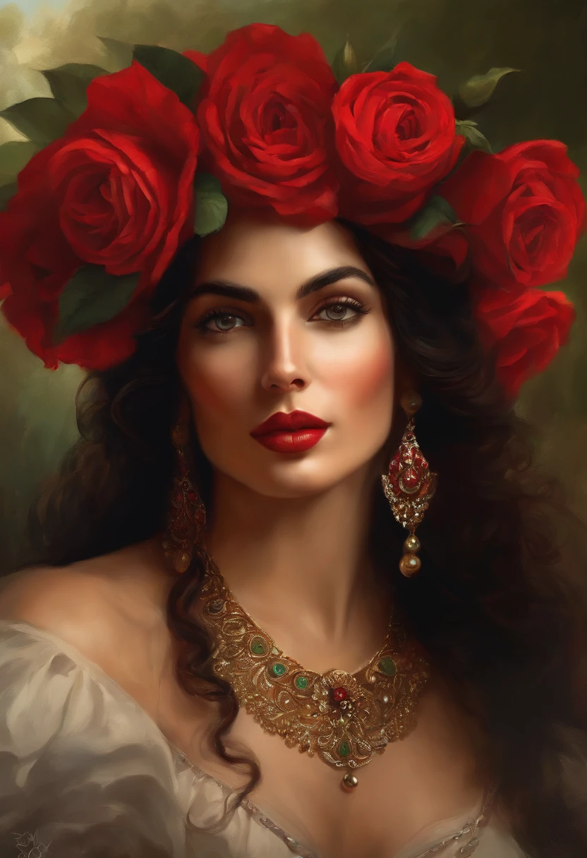 Painting of a gypsy woman, with green eyes, sexy and red mouth, rounded and beautiful face, black hair, hair in a voluminous Spanish bun, sexy and sensual, happy and seductive woman with a panther look, red dress with ruffles and embroidery, Victorian Era style, surrounded by roses, a Goddess of beauty, portrait of a Goddess, In Bowater art style, renaissance digital painting, in digital painting style, digital fantasy portrait, elegant digital painting, fantasy art portrait , fantasy portrait, inspired by Dante Gabriel Rossetti, baroque digital painting, art digital painting, Beautiful Art UHD 4K, beautiful fantasy portrait