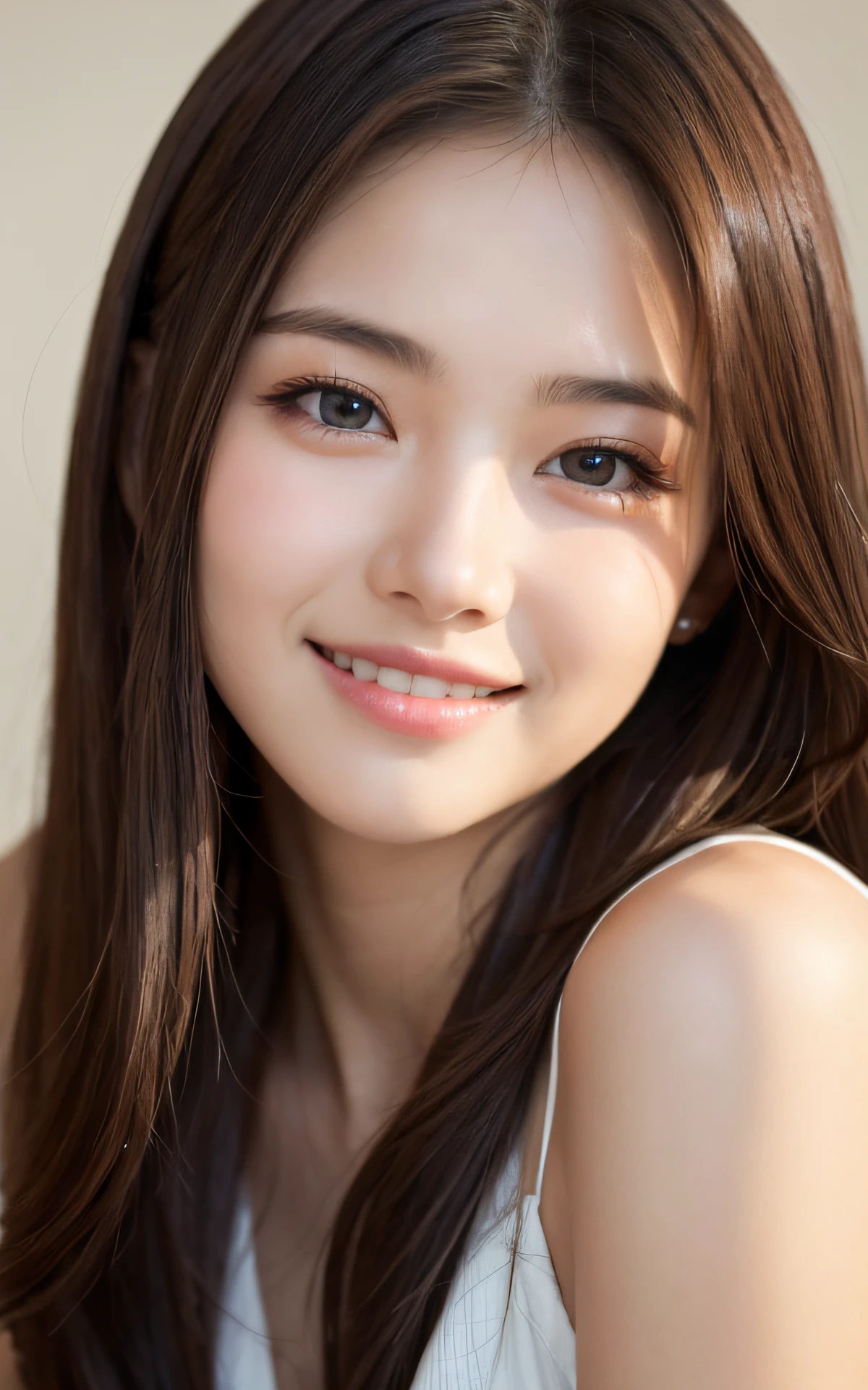 masutepiece, Best Quality, 8K, 1 girl, 20 yo, Closed mouth, Happy smile, close-up, Close-up of face, Solo, Cute, Girly, Delicate girl, Neat and clean beauty, Raw photo, Professional Photography, Portrait, Soft light, Professional Lighting, Back lighting, Look away, looking at away, Sophisticated, Film grain, (Eyes and faces with detailed:1.0), medium length floating hair, Beautiful flowing hair,