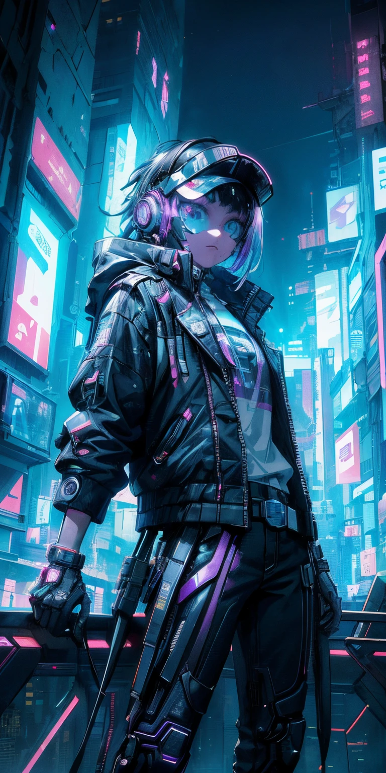 (top-quality)、((masterpiece)、Cyberpunk city of the future 、Electronic visor attached to the face of a -yeld giis looking out at the city from the roof of a building、Cyberpunk Fashion、Sexy Posing、Exposed skin、Neon lights in dark city at night,