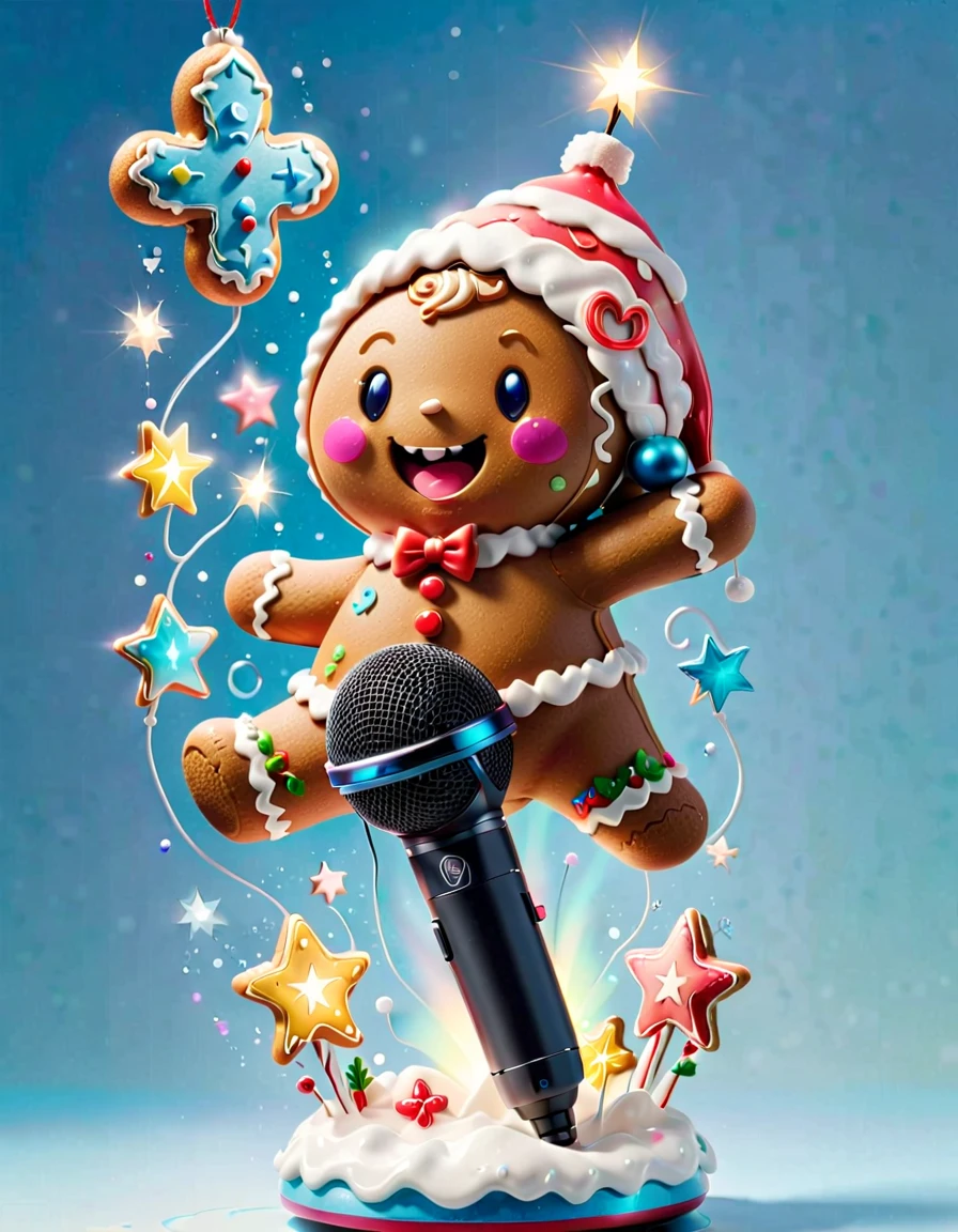 (((1 glowing magical and cute Christmas gingerbread man, Singing with a microphone, Syllable symbols floating in the air))),christmas ornaments, glittery,yuki,blue-sky, 8K, Irridescent color, kawaii, cute big breasts, number art, high qulity, The is very detailed, 3Drenderingof,Bright colorinimalist style,Disney style,translucent