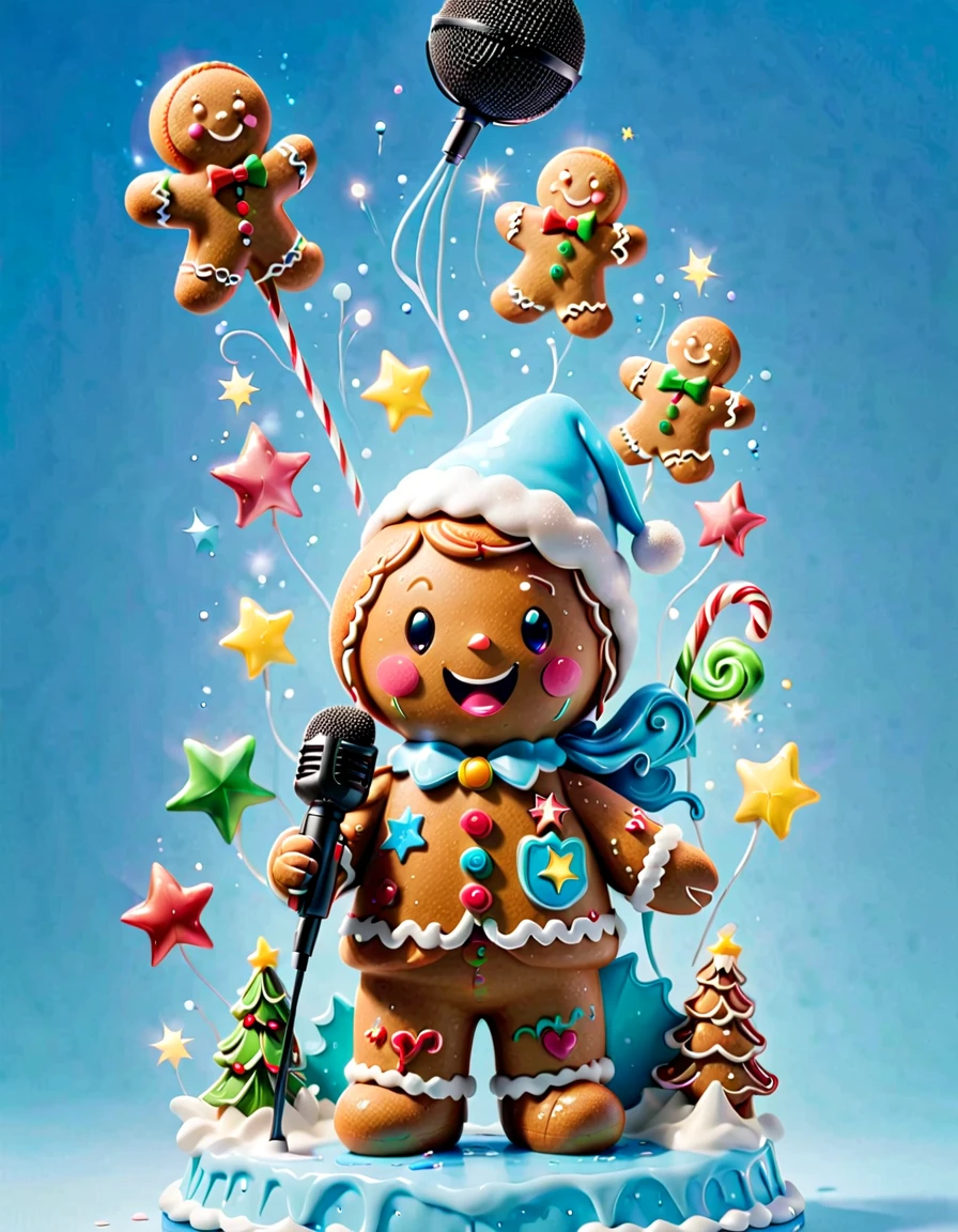 (((1 glowing magical and cute Christmas gingerbread man, Singing with a microphone, Syllable symbols floating in the air)))，christmas ornaments, glittery，yuki，blue-sky, 8K, Irridescent color, kawaii, cute big breasts, number art, high qulity, The is very detailed, 3Drenderingof，Bright colorinimalist style，Disney  style，translucent