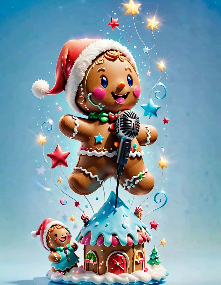 (((1 glowing magical and cute Christmas gingerbread man, Singing with a microphone, Syllable symbols floating in the air))),christmas ornaments, glittery,yuki,blue-sky, 8K, Irridescent color, kawaii, cute big breasts, number art, high qulity, The is very detailed, 3Drenderingof,Bright colorinimalist style,Disney style,translucent
