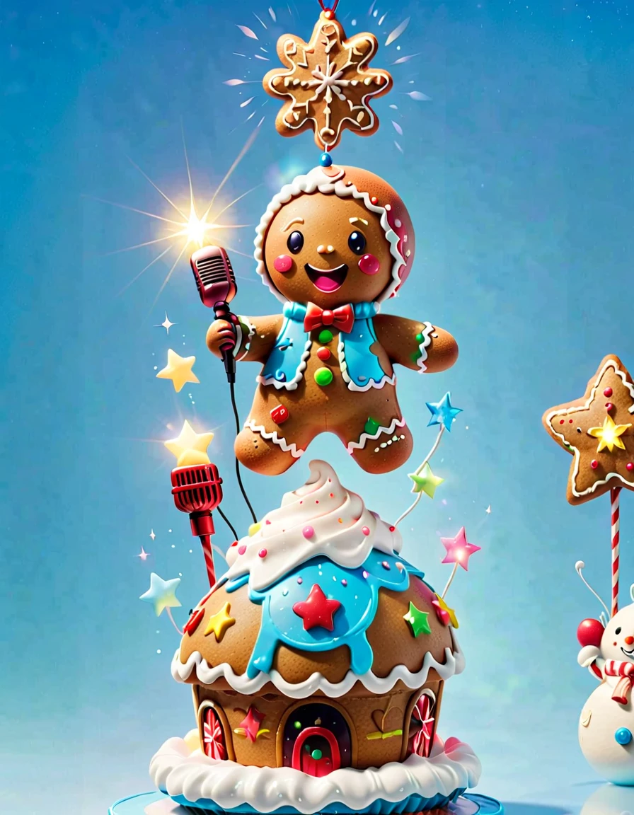 (((1 glowing magical and cute Christmas gingerbread man, Singing with a microphone, Syllable symbols floating in the air)))，christmas ornaments, glittery，yuki，blue-sky, 8K, Irridescent color, kawaii, cute big breasts, number art, high qulity, The is very detailed, 3Drenderingof，Bright colorinimalist style，Disney  style，translucent