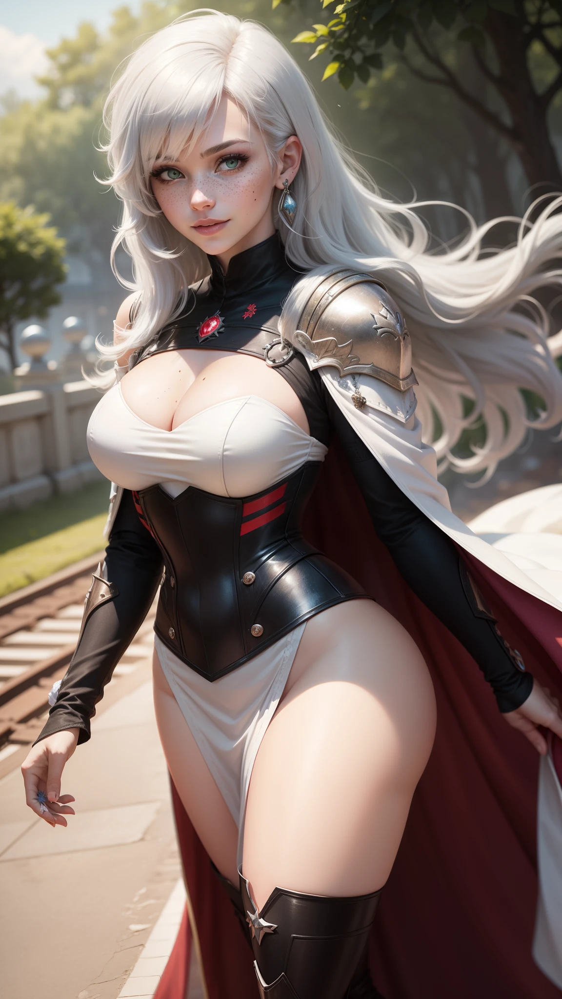 gwen tennyson,yorha 2b,tracer,y'shtola rhul,solo girl,overwatch,atelier ryza,close up,forest view,tattoos,scarlet and white plugsuit,white short sleeve knight top,short sleeve full plate knight armor,long knight skirt,silver knight corset,long curly hair,princess makeup,green eyes,multicolored silver hair,long dress train,sexy smile,freckles,beautiful girl,knight thigh high boots,large breasts,8k,ultra detailed,realistic,fantasy art,silver knight uniform,queen gown dress,ear piercings,snowflake hand and neck jewelry,(weather:windy),long scarlet knight coat,magic castle,silver hair pin,