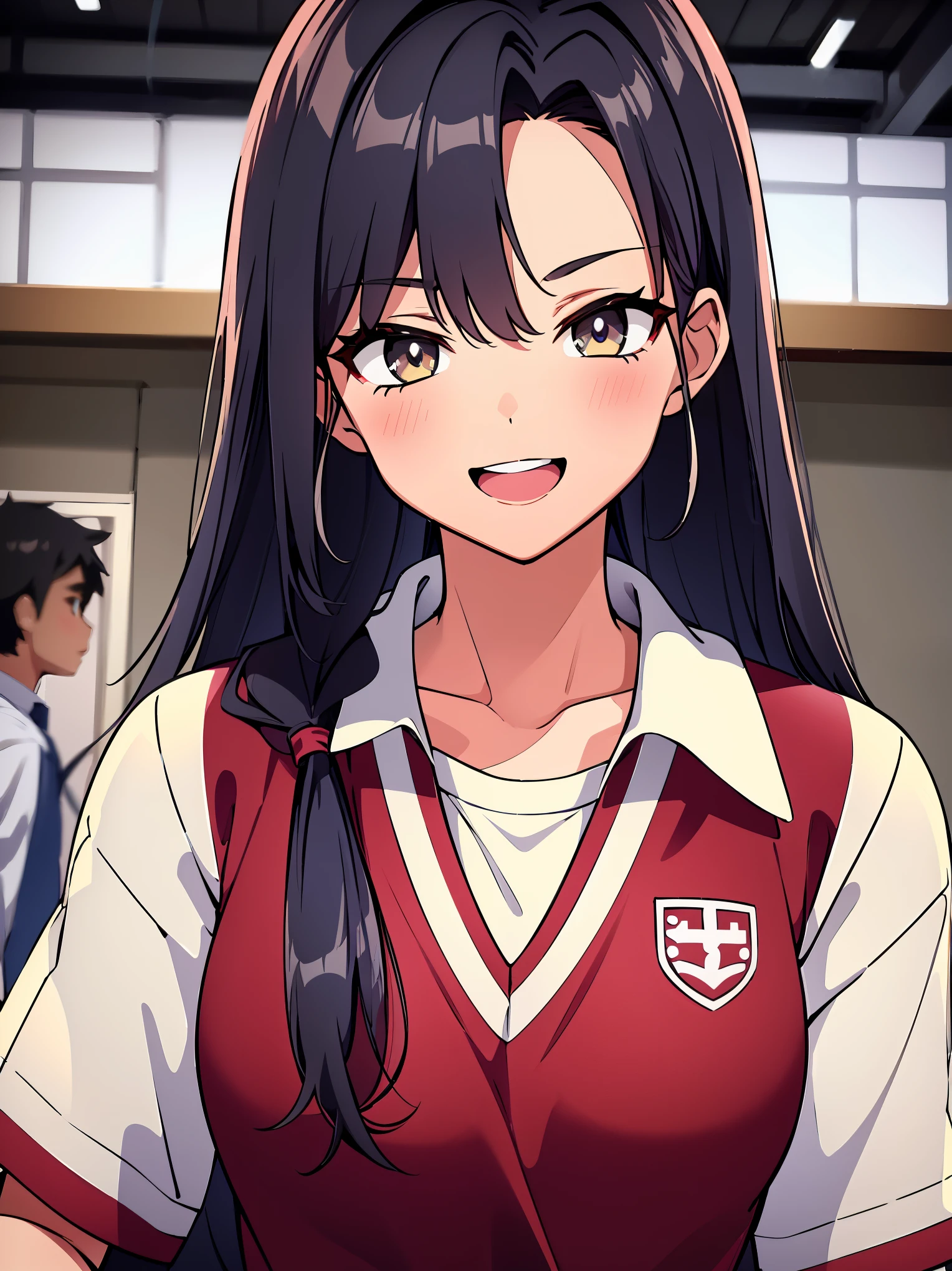 (in 8K, Raw photography, Best Quality, masutepiece: 1.2), high-definition RAW color photography, Professional Photography, Cinematic Light, (animesque: 1.2), 1womanl, (FULL BODYSHOT:1.2), (High Detail Skin: 1.2), Show your teeth and smile, 鎖骨, Pretty face, Beautiful eyes, long eyelashes, Black hair straight, The skin is clean, eyelid, (Gymnastics, School Jerseys), On the court of the basket, Highly detailed, Photography, High quality, hight resolution, Professional Lighting,