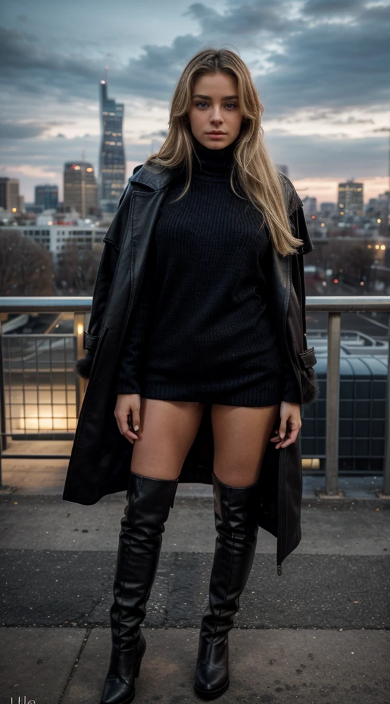 Same blonde, beatiful blonde hair, beatiful blonde, perfect hair, tanned skin, front view, solo, perfect fingers, She is wearing a winter coat, long knee-high boots beneath the coat, a black sweater, standing on a bridge with a beautiful cityscape and skyscrapers in the background,Ultra detailed, photorealistic light, night, dark outside, city lights, she is posing for photo