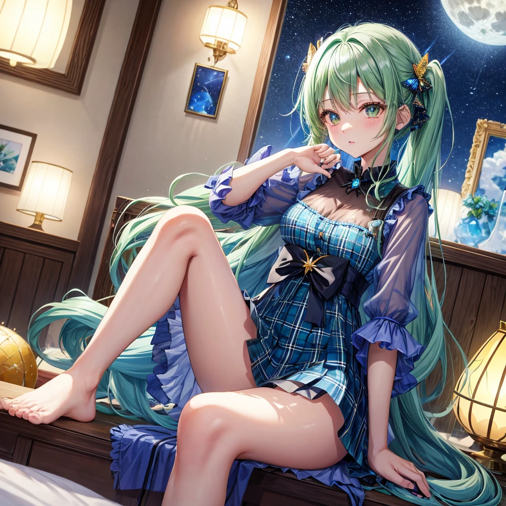 Blue-green hair、poneyTail、verd s eyes、one good looking girl、独奏、animesque、lightly dressed、Plaid miniskirt、a black T-shirt、fullmoon、Meteor swarm、large tree、Glittering starry sky、rainbow butterfly flying、Colorful marbles、sitting on、golden castle、flower petals、thread、Skysky、inside in room、Tea