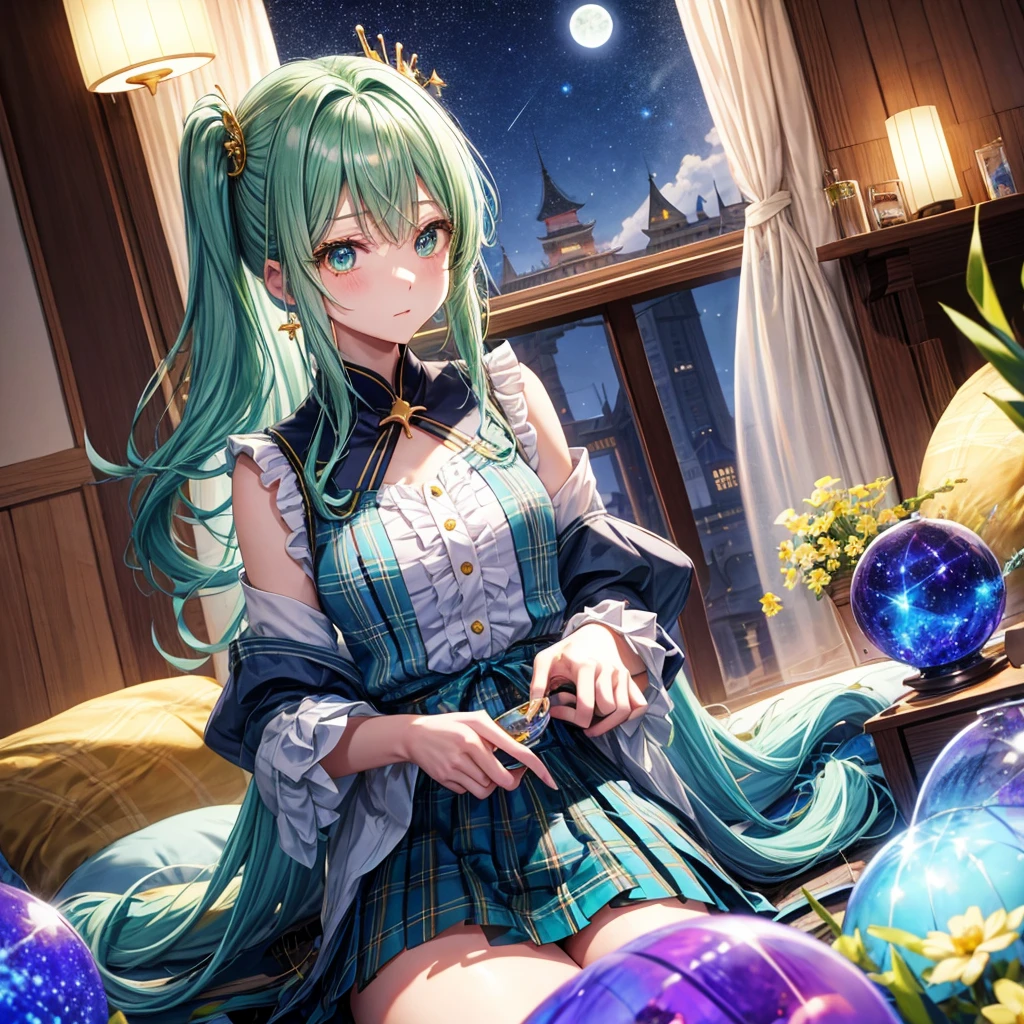 Blue-green hair、poneyTail、verd s eyes、one good looking girl、独奏、animesque、lightly dressed、Plaid miniskirt、a black T-shirt、fullmoon、Meteor swarm、large tree、Glittering starry sky、rainbow butterfly flying、Colorful marbles、sitting on、golden castle、flower petals、thread、Skysky、inside in room、Tea
