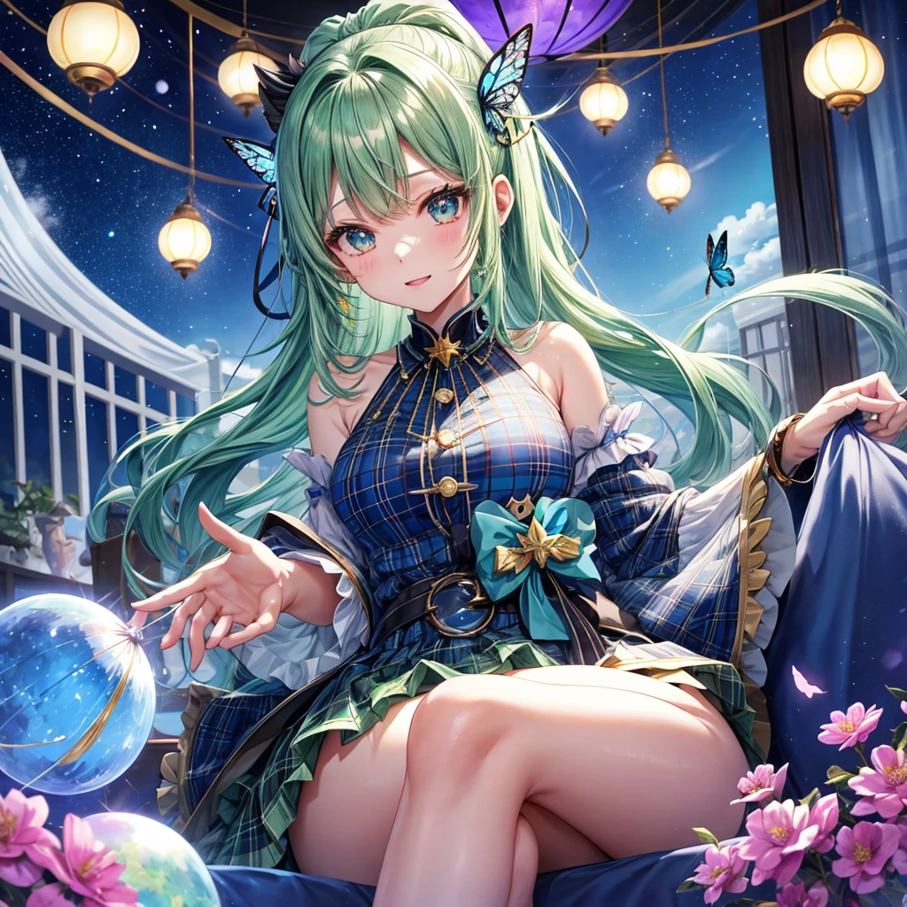 Blue-green hair、poneyTail、verd s eyes、one good looking girl、独奏、animesque、lightly dressed、Plaid miniskirt、a black T-shirt、fullmoon、Meteor swarm、large tree、Glittering starry sky、rainbow butterfly flying、Colorful marbles、sitting on、golden castle、flower petals、thread、Skysky、inside in room、Tea