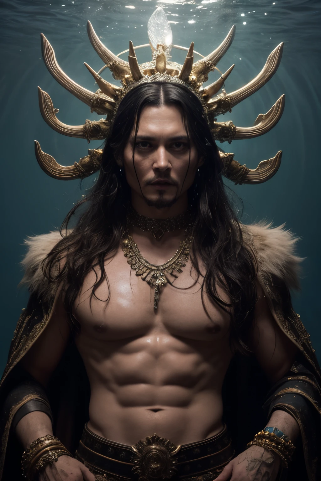 "Generate an AI image of Johnny Depp transformed into an ancient god of the stars and ocean. Envision him adorned in majestic, fur-trimmed ancient attire, embodying the regality of celestial and aquatic realms. Capture the essence of divine power and mystery in his gaze, blending the actor's features seamlessly with the otherworldly aura of a god from ancient mythology. Consider incorporating cosmic and aquatic elements to emphasize his connection to the stars and the ocean in this celestial and watery deity portrayal."