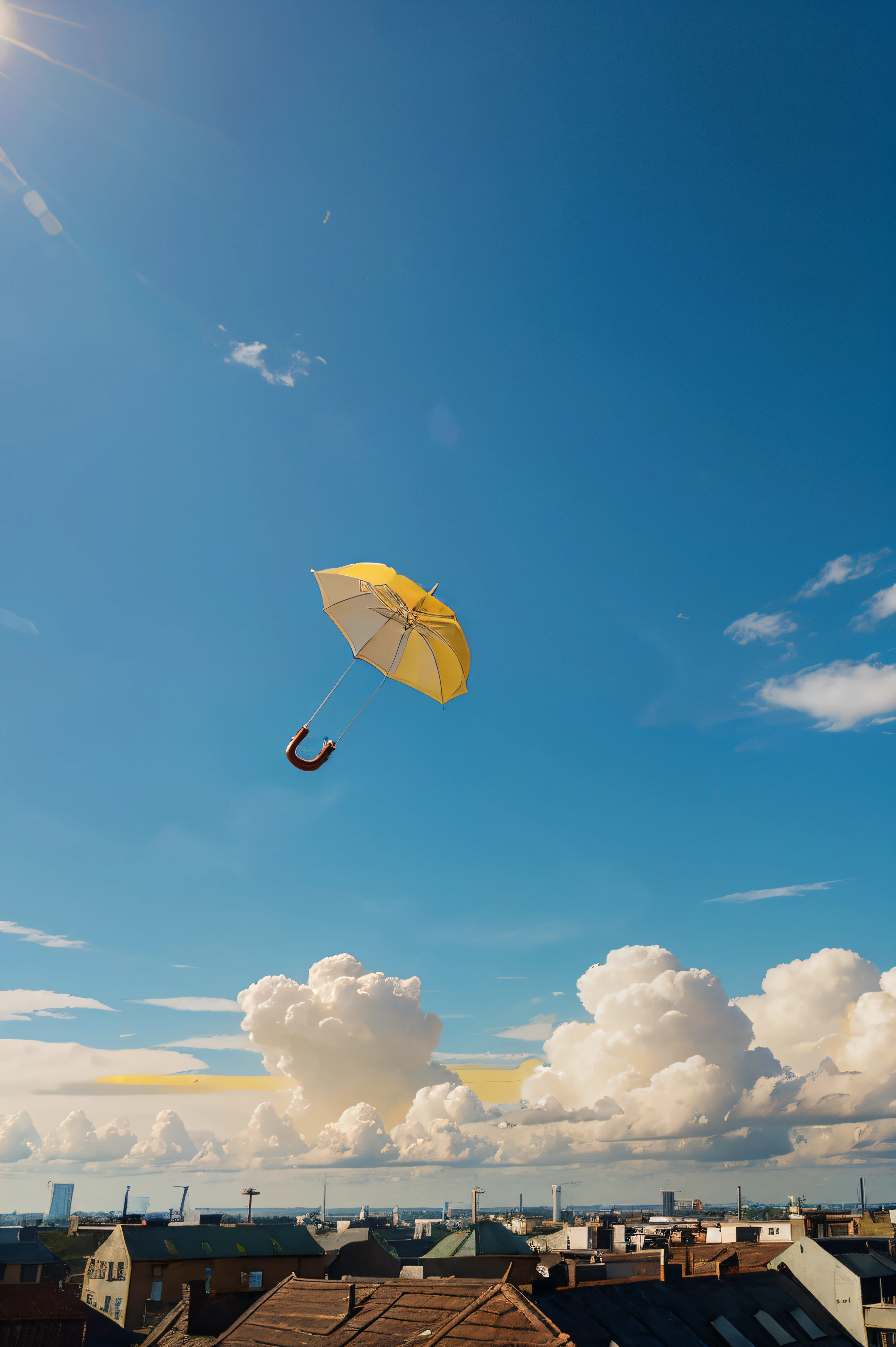 Only sky, yellow umbrella flying,animated cartoon,High quality wide angle