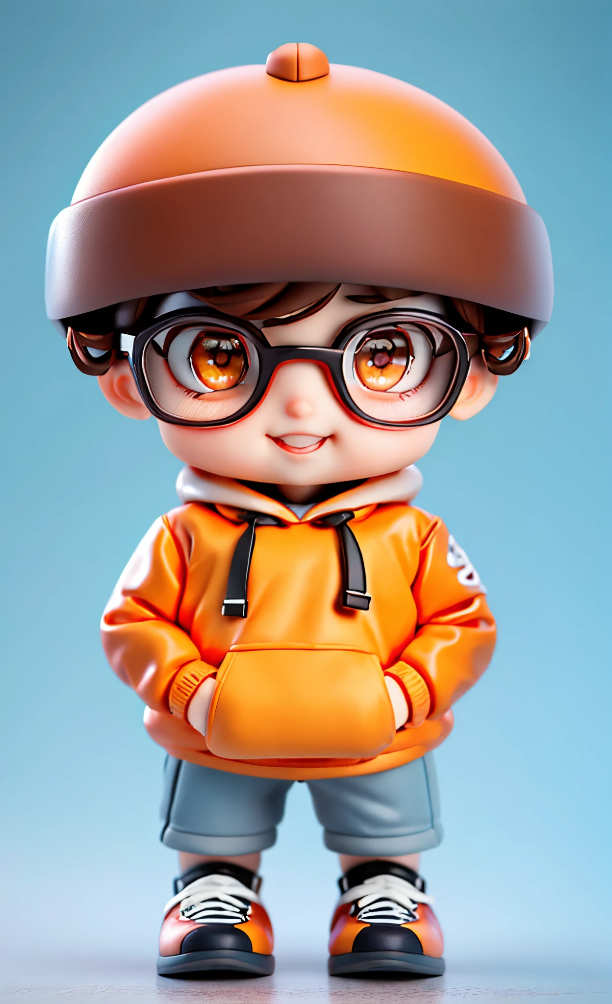 Alone, 1boys, malefocus, head gear, eye glass, Brown hair, looking at viewert, footwear, ssmile, shorter pants, Black shorts, Gamine, hands in a pocket, Libido boy, black-frame glasses, full bodyesbian, has cleavage, boundage, white backgrounid, hooding, Permanent, Background with, hoody, black border, Brown eyes, jaket, longer sleeves, athletic sneakers, short detailed hair, Orange eyes, red hoodie, the sleeve