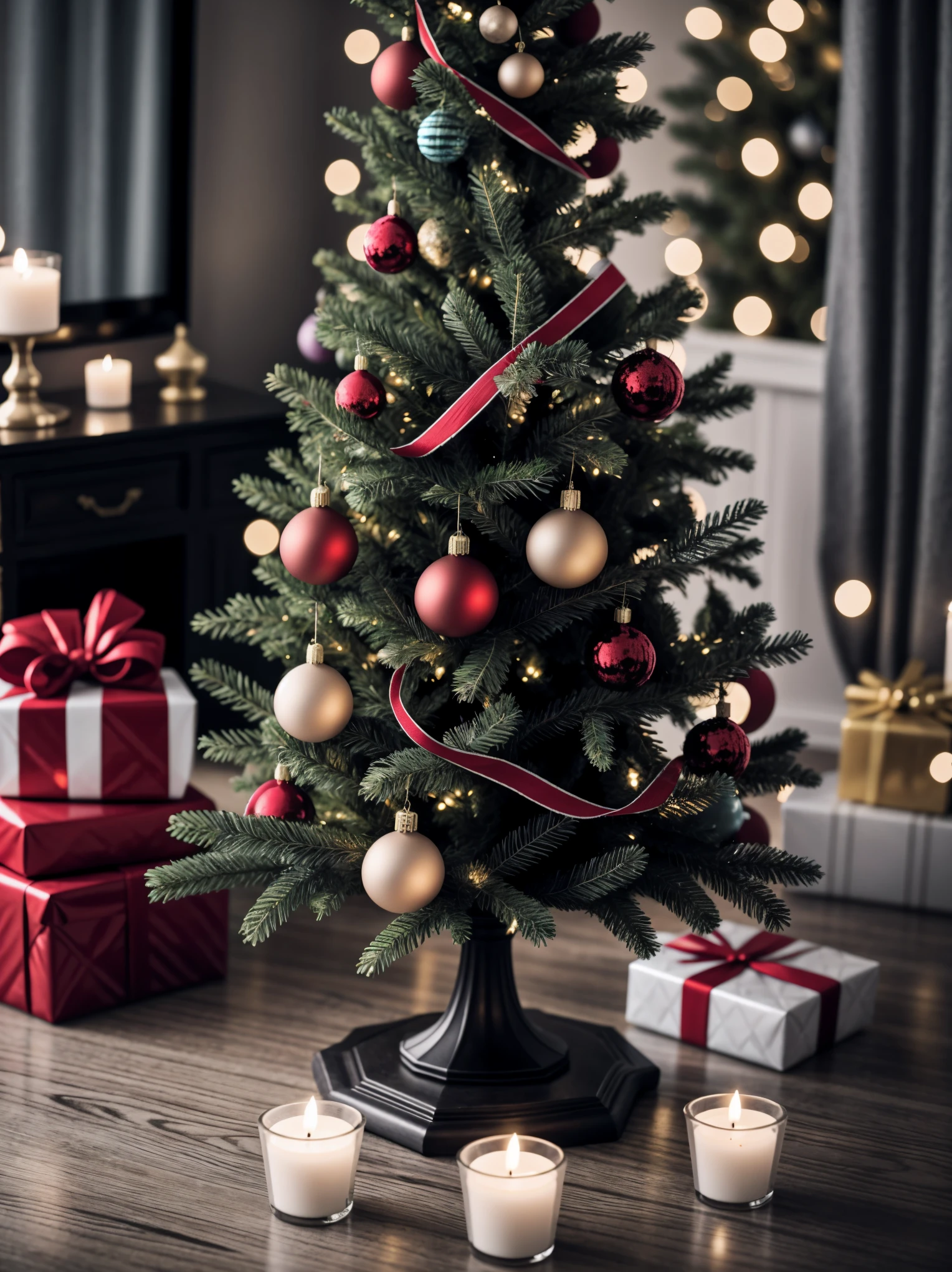 (best quality,4k,8k,highres,masterpiece:1.2),ultra-detailed,realistic,gifts,table,Christmas tree,decorations,wrapping ,bows,ribbon,presents,holiday spirit,vibrant colors,warm lighting,cozy atmosphere,toys,cards,candles,snowflakes,joyful,celebration,exquisite details,exciting surprises,shiny ornaments,sparkling tinsel,beautifully wrapped,excited children,anticipation,festive mood,magical ambiance,delightful moment,wonderful memories,family gathering,cheerful faces,Christmas magic,extravagant,abundance of presents,HDR,UHD,studio lighting,ultra-fine painting,sharp focus,physically-based rendering,professional,vivid colors,bokeh.