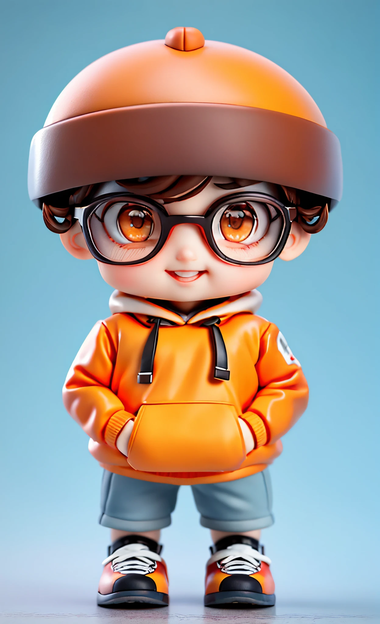 Alone, 1 boy, malefocus, Headgear, eye glass, Brown hair, looking at viewert, footwear, ssmile, shorter pants, Black  shorts, Gamine, hands in a pocket, Libido boy, black-frame glasses, Full body lesbian, has cleavage, shackle, white backgrounid, Hooded, Eternal,  Background with, hoody, black border, Brown eyes, jaket, longer sleeves, athletic sneakers, Short hair details, Orange eyes, red hoodie, the sleeve