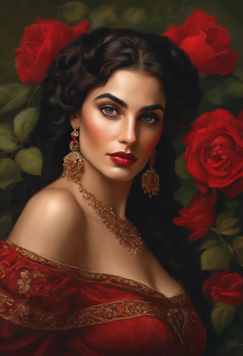 Painting of a gypsy woman of rare beauty, with expressive green eyes, sexy and red mouth, rounded and beautiful face, black hair, hair in a voluminous Spanish bun, sexy and sensual, cheerful and seductive woman with a panther look, red dress with ruffles and embroidery, Victorian Era style, surrounded by roses, a Goddess of beauty, portrait of a Goddess, In Bowater art style, Renaissance digital painting, in digital painting style, digital fantasy portrait, elegant digital painting, portrait fantasy art, fantasy portrait, inspired by Dante Gabriel Rossetti, baroque digital painting, digital painting art, Beautiful Art UHD 4K, beautiful fantasy portrait