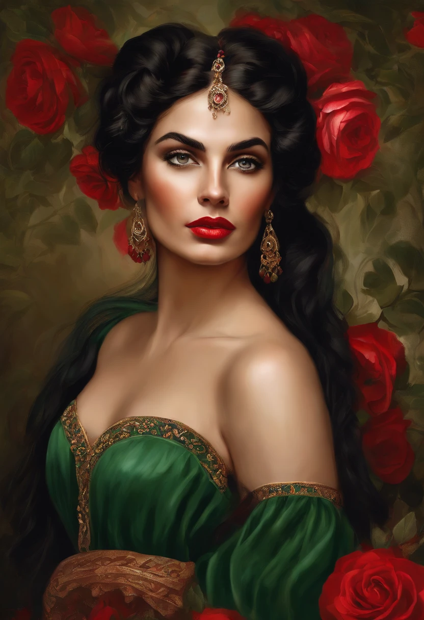 Painting of a gypsy woman, with green eyes, sexy and red mouth, rounded and beautiful face, black hair, hair in a voluminous Spanish bun, sexy and sensual, happy and seductive woman with a panther look, red dress with ruffles and embroidery, Victorian Era style, surrounded by roses, a Goddess of beauty, portrait of a Goddess, In Bowater art style, renaissance digital painting, in digital painting style, digital fantasy portrait, elegant digital painting, fantasy art portrait , fantasy portrait, inspired by Dante Gabriel Rossetti, baroque digital painting, art digital painting, Beautiful Art UHD 4K, beautiful fantasy portrait