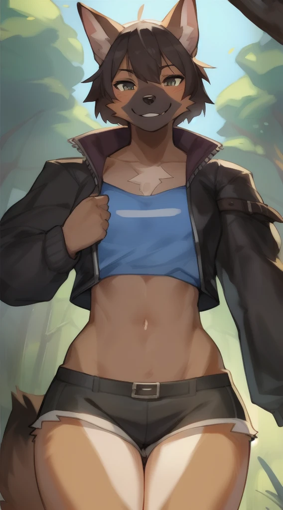 独奏, (A girl:1.2), , eye liner, lips, Short shorts, Jacket with long sleeves, Adventure Clothing, dnd, Author: Bebebebebe, Belgian Shepherd Groenendael, black fur color, Fluffy, Black lip gloss, Short Hair Hair, small waist, wide hips, Slim, the perfect body, The dominant point of view, predatory smile, Showcasing Your Muscles,