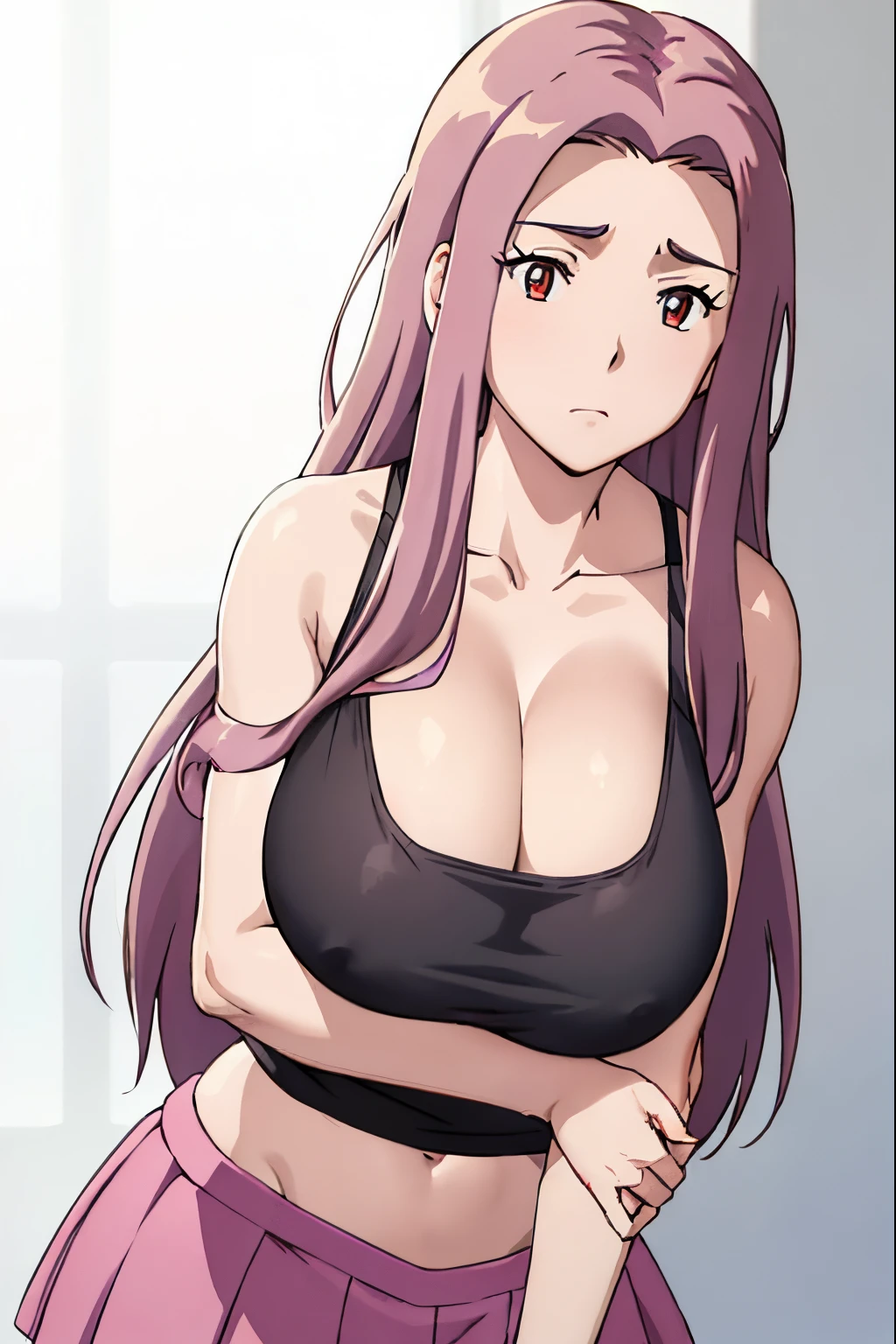 Close up portrait of woman with long purple hair, Brown-eyed woman, Classic Women, huge tit, magical girl anime mahou shojo, had very large breasts, made with anime painter studio, oppai, garments:Black tank top, Female romance, Anime style, Muscular woman, feminine and muscular, tall, appeal, wore a tight skirt, Anime!!!!, rei hino as a princess, Bare shoulders, Bare arms,