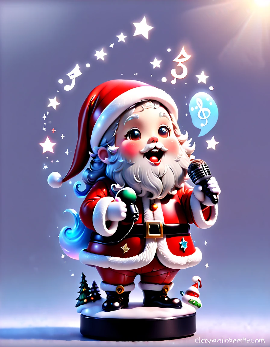 chalk gray style, ((1 glowing magical cute Santa Claus))，((Singing with a microphone)), ((Syllable symbols floating in the air))，Christmas elements，Snowy days，8K,Irridescent color, kawaii, cute big breasts, number art, high qulity, The is very detailed, 3Drenderingof，Bright colorinimalist style，Disney  style，translucent