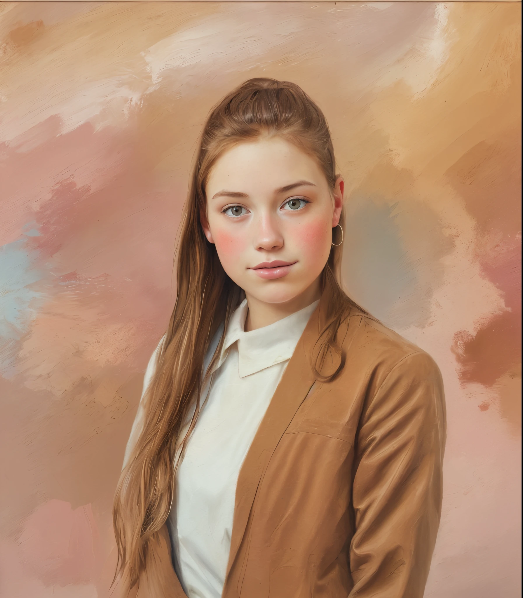 Girl with light brown hair. Oil paint background, paint strokes, pastel colours