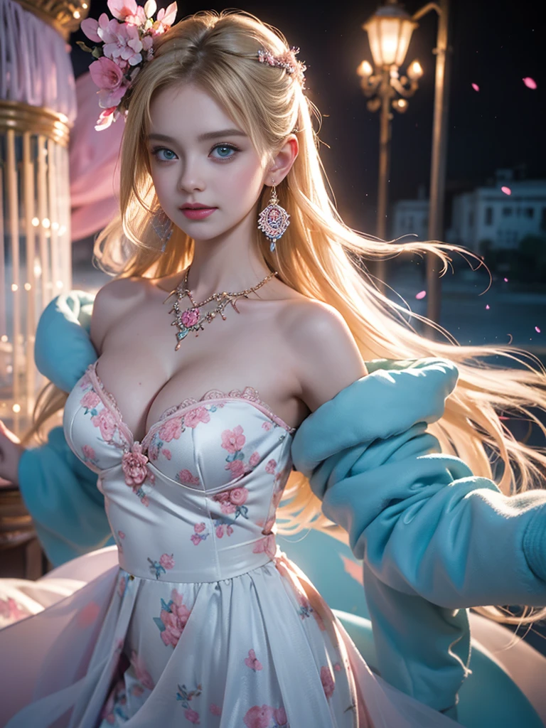 tmasterpiece,Highest image quality,super detailing,Best quality ,Extremely Delicately Beautiful, Very meticulous,Best quality, offcial art, extremely detaild的 CG unified 8k wallpapers, Ana de Armas portrait photo, blond hair blue eyes,Radiant skin and radiant eyes:1.1), pretty skin, lamplight, (Detailed lighting:1.2), (Beautiful and detailed light:1.3), face to the viewer,beautiful wedding dress, deep understanding, The beautiful, iintricate, digitial painting, smooth private parts, Focus sharp, The end of the world, Epic reality, (HighDynamicRange:1.4), captivating curves,(pastel colour:1.4), Bigchest,apocalyptic, giving up, com cores neutras, natta, Screen space refraction, (Complicated details, ultra - detailed:1.3), art stations, Cinema lenses, vignet, the complex background, buliding,Enchanted smile,detailed back ground,Dream catcher earrings in various colors,white colors,in pink,purpleish color,red colour,blue colors,orange colors,green color,cyan colors,),No shoulder strap,blossom print,Sexy curves in clothes,A deep,Deep V large breasts,high parted hair,),