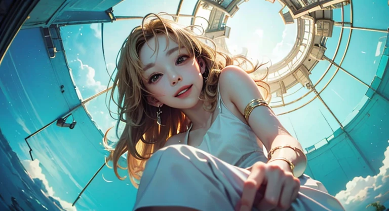( Masterpiece, best quality , shot from below , 75mm lens, fisheye:1.2 ), ((pov from below:1.4)), (( beautiful, luxurious, greenhouse dome:1.5, glass panels, plants of colours, vibrant , extreme high detailed, intricate details )). ( 1woman_/(kimtaeyeon/), narrow face, strong jaw, [plump cheeks], transparent round glasses, dark hair with blonde highlights, loving smile, beautiful eyes, caring smile, wearing beach summer ootd ), ( cinematic lighting, backlit, soft light)