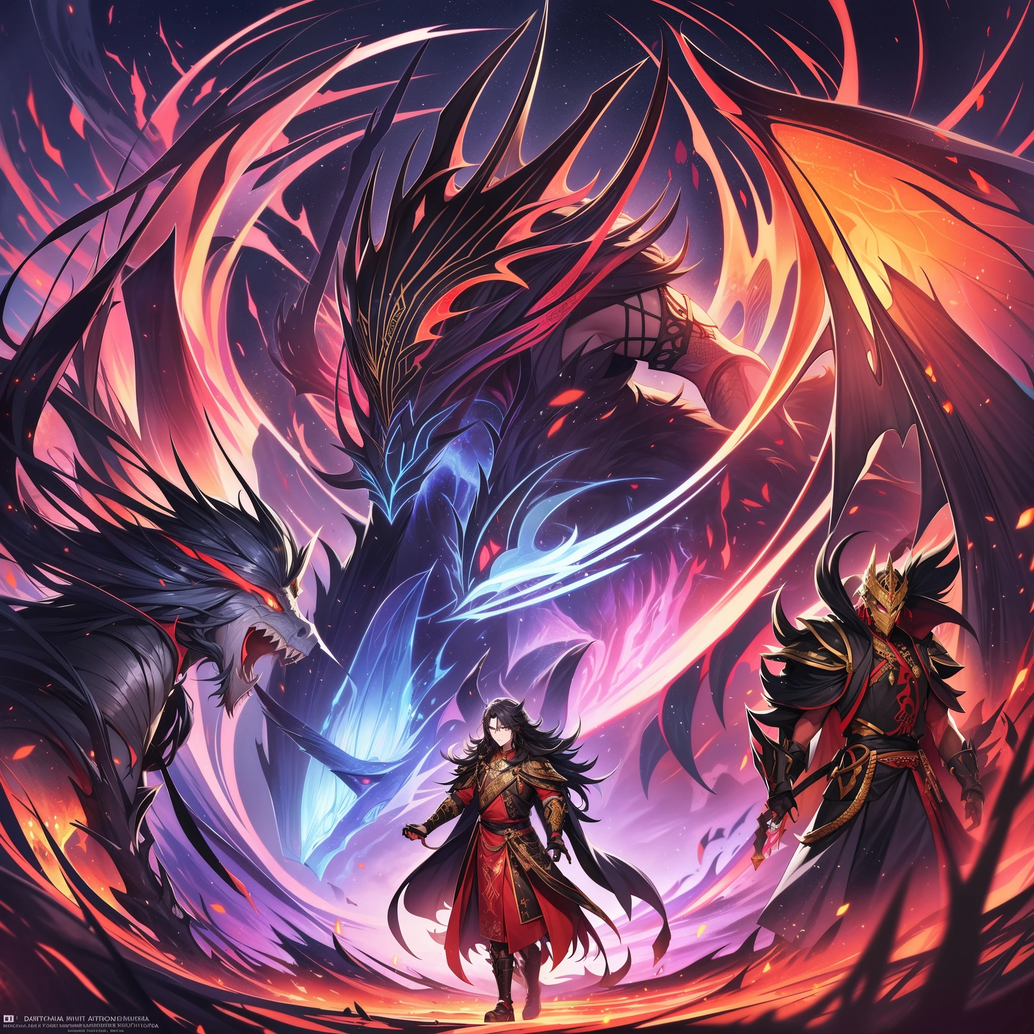 top-quality、Masterpiece、detaileds、Aj Dahaka is、It has already appeared in ancient Persian mythology before Zoroastrianism.[7]。『Avestar』describes the appearance as having 3 heads, 3 mouths, and 6 eyes.[7][8][9]But、Each head hurts、anguish、It is also said to represent death.。Its wings are so huge that they cover the sky when spread out.。Featuring images of both a snake and a dragon「winged dragon snake」was considered to be[7]。 Masterpiece、top-quality、detaileds、Zoroastrianism、Babylon（ancient mesopotamia region）It is said that there is[To be published]Klinta Castle (Kuirinta) tyrant living in[5][Note 1] 。Created by the evil god Angra Mainyu[9]、is under its control[1]、feared as the root of all evil。 in mythology、Use a thousand magic spells to torment the opposing forces.[9][11]、They fought fiercely against Ahura Mazda&#39;s subordinates, such as Atar, the god of fire.[1][11]。hymn『Zamyad Yasht（English Version）』In the、Aj Dahaka is Atar and the halo（Kwarnafu）competed for。Azi Dahaka approached Atar while spewing insults in order to take away the halo.、From Artal「I entered the body of Aji Dahaka and it burned in my mouth.、So that Azi Dahaka cannot come to earth.、Never destroy the world」When asked、It is said that he withered and withdrew.[12][13]。 afterwards、Azi Dahaka was slain by the hero Sraetaona.[9]。in battle、Even if a sword is stabbed into Aji Dahaka&#39;s body, reptiles and other evil creatures will crawl out of it.、Suraetaona could not kill Azi Dahaka。Therefore, as a last resort, it is said that he was imprisoned deep underground on Mount Damavand.。Eta、It can be released at the end of the world and devour one-third of people and animals.、Kursa Spa, ultimately a mythical hero（English Version）can be killed by、It is said that it has already been decided
