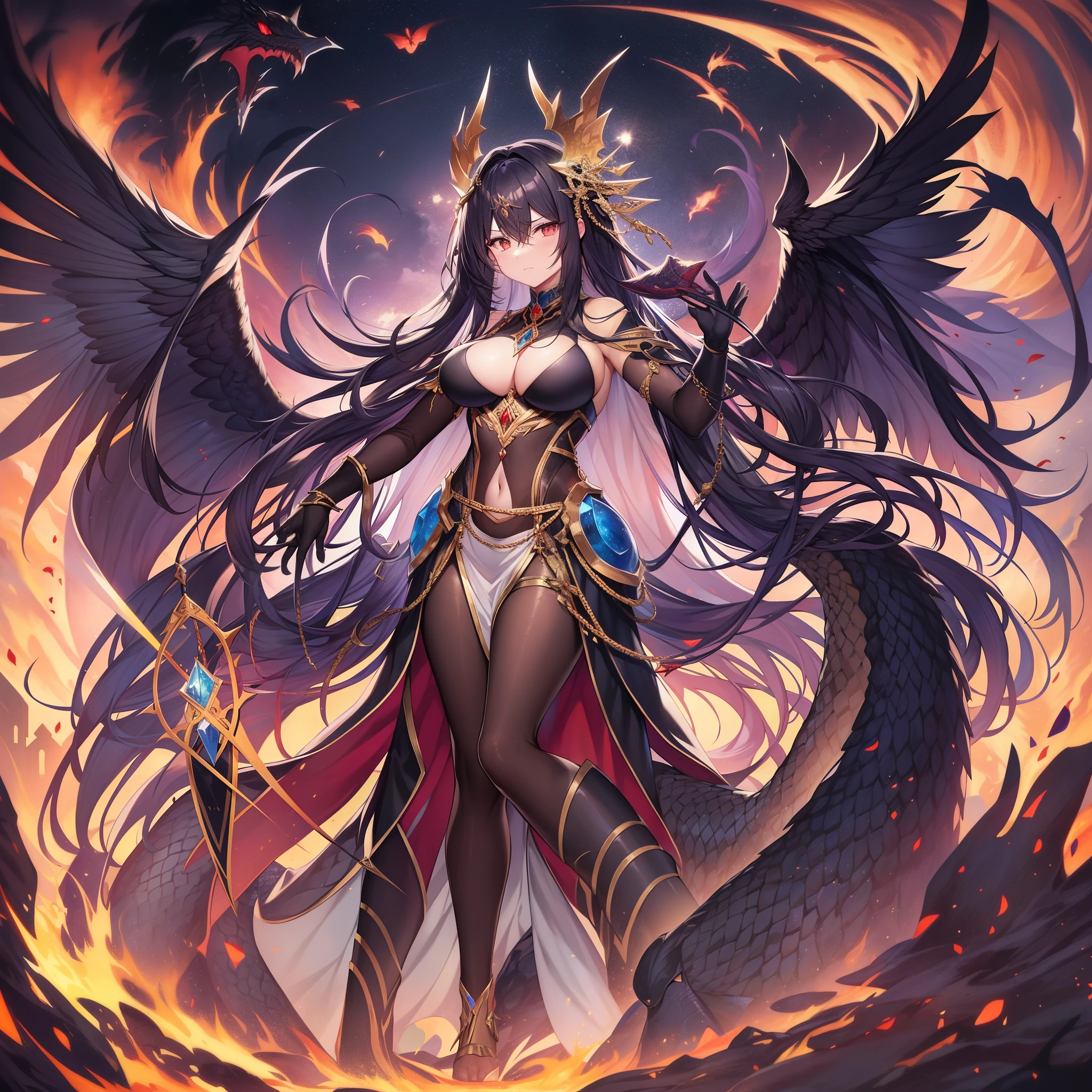 top-quality、Masterpiece、detaileds、Aj Dahaka is、It has already appeared in ancient Persian mythology before Zoroastrianism.[7]。『Avestar』describes the appearance as having 3 heads, 3 mouths, and 6 eyes.[7][8][9]But、Each head hurts、anguish、It is also said to represent death.。Its wings are so huge that they cover the sky when spread out.。Featuring images of both a snake and a dragon「winged dragon snake」was considered to be[7]。 Masterpiece、top-quality、detaileds、Zoroastrianism、Babylon（ancient mesopotamia region）It is said that there is[To be published]Klinta Castle (Kuirinta) tyrant living in[5][Note 1] 。Created by the evil god Angra Mainyu[9]、is under its control[1]、feared as the root of all evil。 in mythology、Use a thousand magic spells to torment the opposing forces.[9][11]、They fought fiercely against Ahura Mazda&#39;s subordinates, such as Atar, the god of fire.[1][11]。hymn『Zamyad Yasht（English Version）』In the、Aj Dahaka is Atar and the halo（Kwarnafu）competed for。Azi Dahaka approached Atar while spewing insults in order to take away the halo.、From Artal「I entered the body of Aji Dahaka and it burned in my mouth.、So that Azi Dahaka cannot come to earth.、Never destroy the world」When asked、It is said that he withered and withdrew.[12][13]。 afterwards、Azi Dahaka was slain by the hero Sraetaona.[9]。in battle、Even if a sword is stabbed into Aji Dahaka&#39;s body, reptiles and other evil creatures will crawl out of it.、Suraetaona could not kill Azi Dahaka。Therefore, as a last resort, it is said that he was imprisoned deep underground on Mount Damavand.。Eta、It can be released at the end of the world and devour one-third of people and animals.、Kursa Spa, ultimately a mythical hero（English Version）can be killed by、It is said that it has already been decided