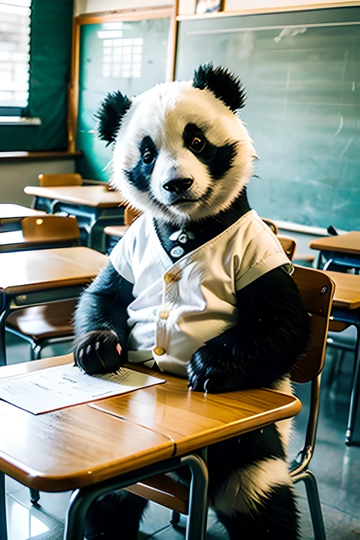 There is a classroom,There was a table and chairs,Panda sitting on chair,Sitting in a bright classroom is a cute panda that has been eating bamboo,hairy pubic hair,Panda with school ID card hanging around its neck,There is a photo of a panda on the school card,Panda in white shirt,Panda holding bamboo in hand,The panda is cute,高画質,highly rendered,k hd,multi-detail