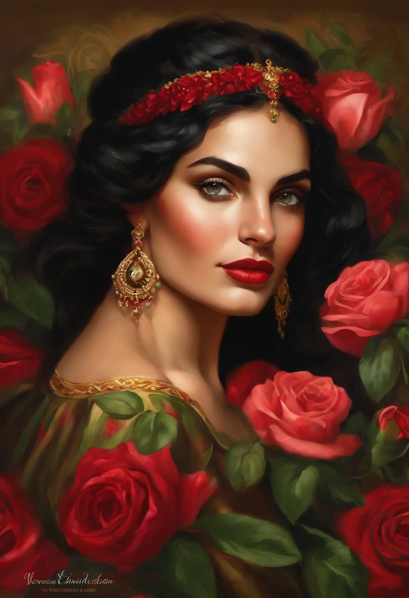 Painting of a gypsy woman of rare beauty, with expressive green eyes, sexy and red mouth, rounded and beautiful face, black hair, hair in a voluminous Spanish bun, sexy and sensual, cheerful and seductive woman with a panther look, red dress with ruffles and embroidery, Victorian Era style, surrounded by roses, a Goddess of beauty, portrait of a Goddess, In Bowater art style, Renaissance digital painting, in digital painting style, digital fantasy portrait, elegant digital painting, portrait fantasy art, fantasy portrait, inspired by Dante Gabriel Rossetti, baroque digital painting, digital painting art, Beautiful Art UHD 4K, beautiful fantasy portrait