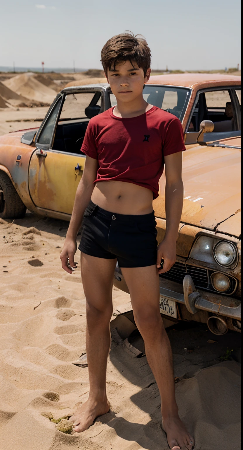 A boy 10–12 years old stands on a sandy landfill, There are fantastic cars abandoned around, sand dump, boy dressed in a red T-shirt and short neon red and black shorts., he is barefoot, red short top, neon red short shorts, bare feet, Sunny day, Hot day, Short top, red neon short shorts, Bare feet boy of European appearance, boy child , European appearance