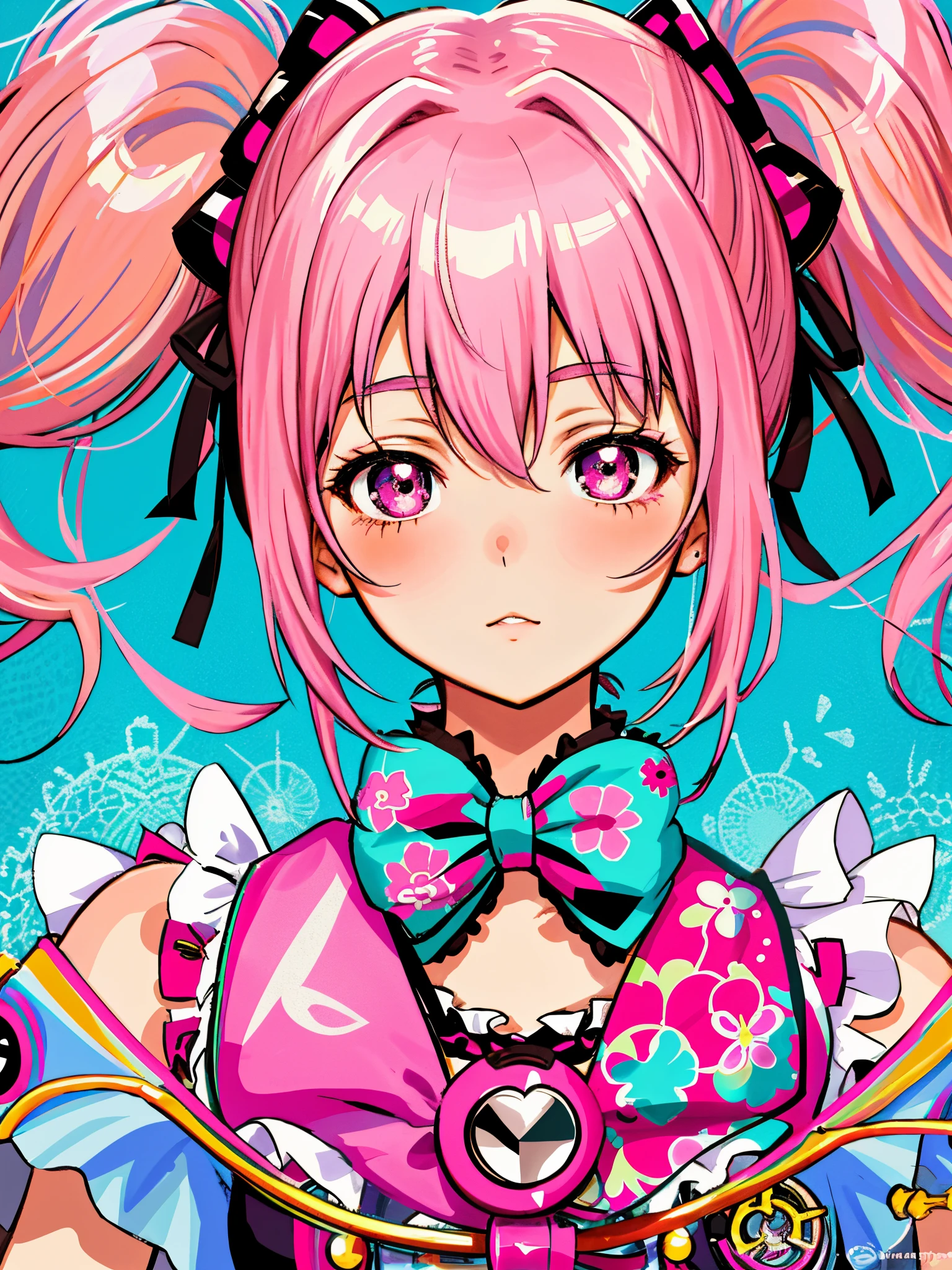 a close up of a poster with a girl with pink hair, decora inspired illustrations, portrait of magical girl, portrait of radical lolita girl, portrait of magical lolita girl, pink twintail hair and cyan eyes, baroque visual kei decora art, retro anime girl, by Shinoda Toko, 9 0 s anime art style, portrait of lolita