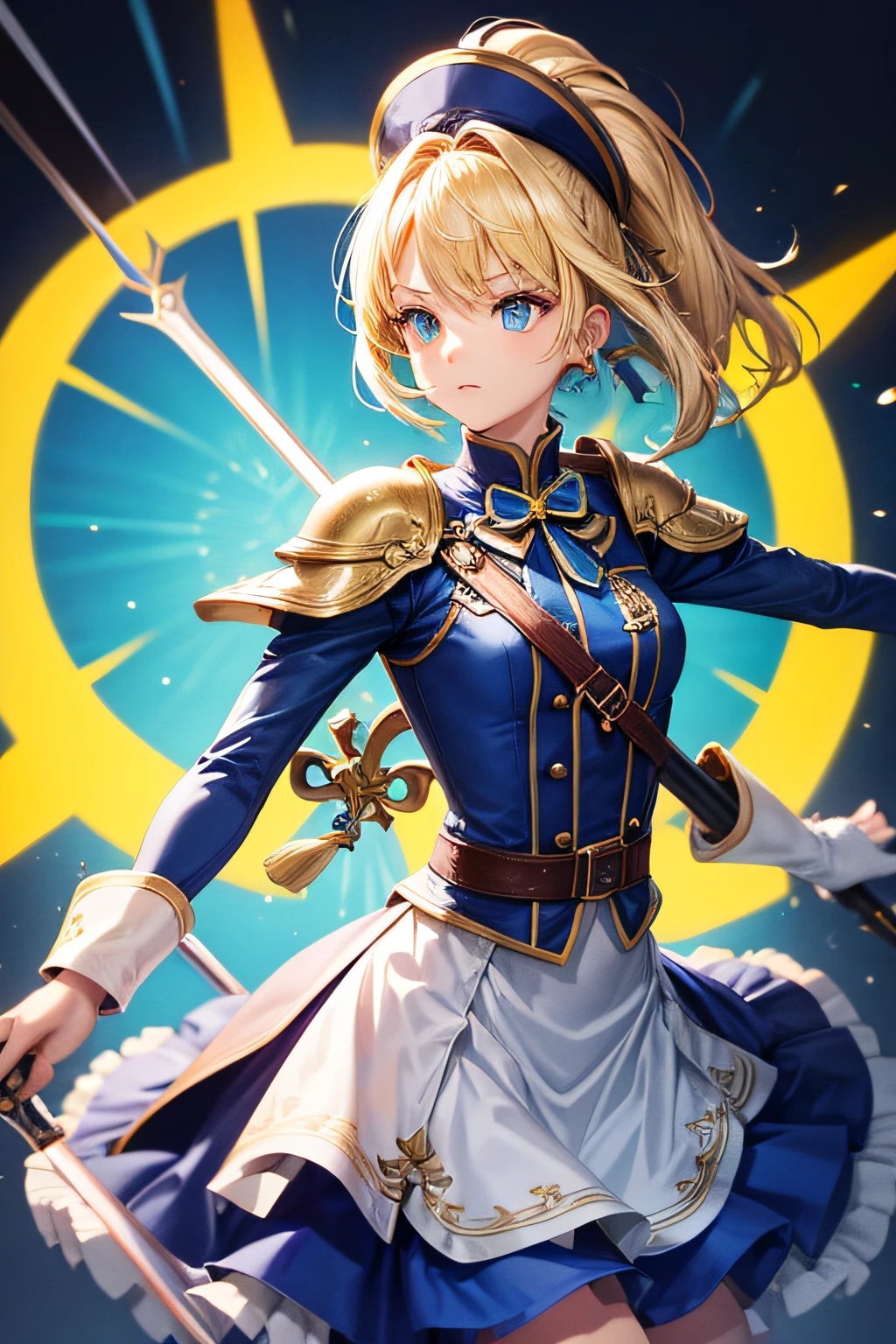 Beautiful yellow-haired girl 16 years old.. Cyan eyes. Rapier in hands