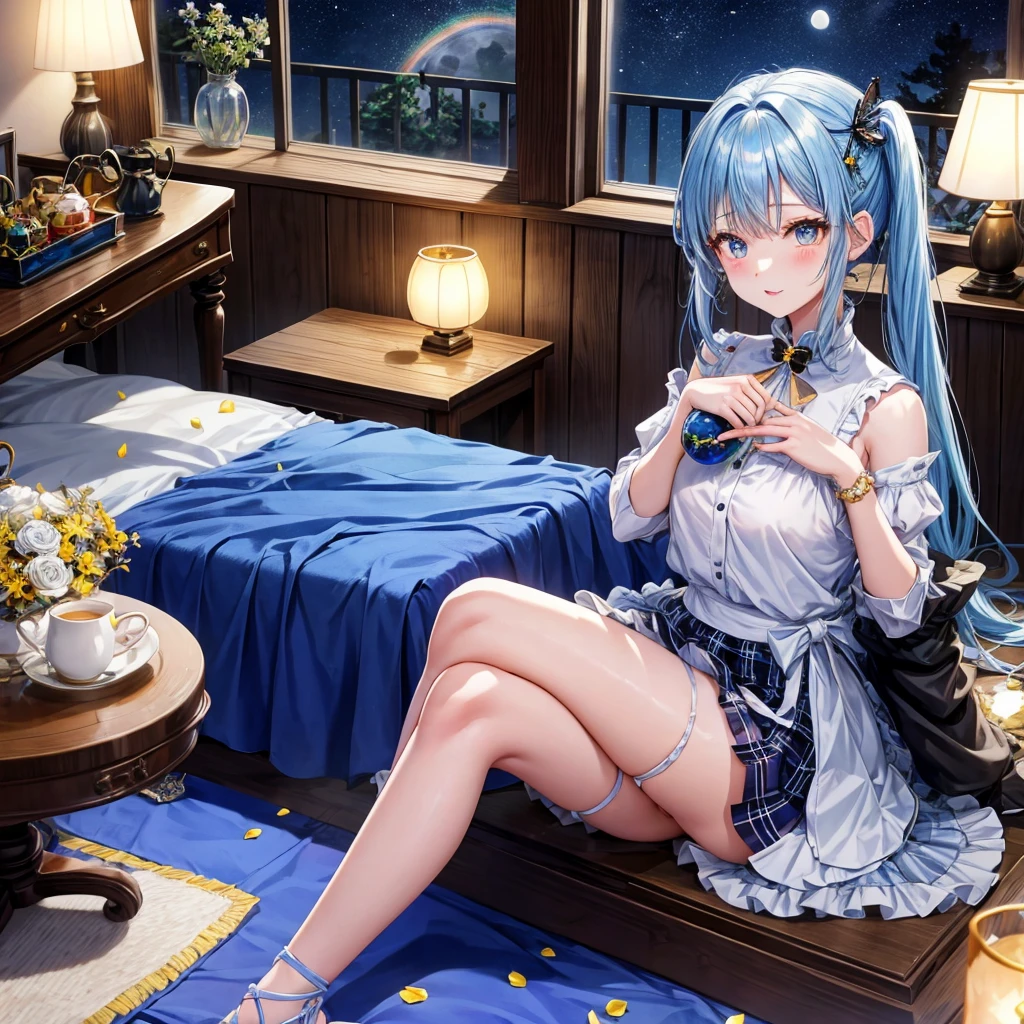 Blue hair、poneyTail、verd s eyes、one good looking girl、独奏、animesque、lightly dressed、Plaid miniskirt、a black T-shirt、fullmoon、Meteor swarm、large tree、Glittering starry sky、rainbow butterfly flying、Colorful marbles、sitting on、golden castle、flower petals、thread、Skysky、inside in room、Tea