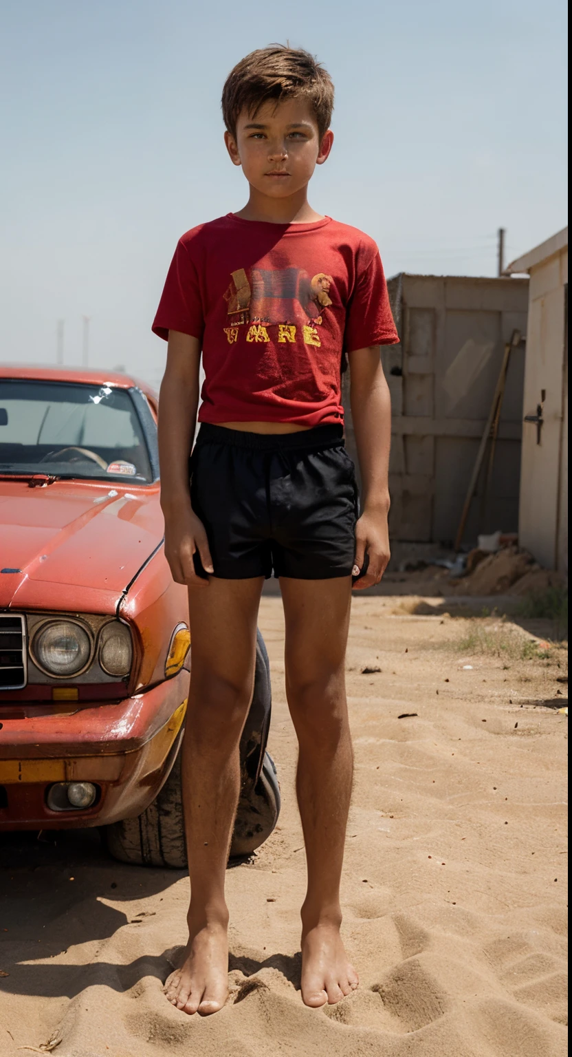 A boy  stands on a sandy landfill, There are fantastic cars abandoned around, sand dump, boy dressed in a red T-shirt and short neon red and black shorts., he is barefoot,  red short top, neon red short shorts, bare feet, Sunny day, Hot day, Short top, red neon short shorts, Bare feet boy of European appearance, boy child , Eurearance