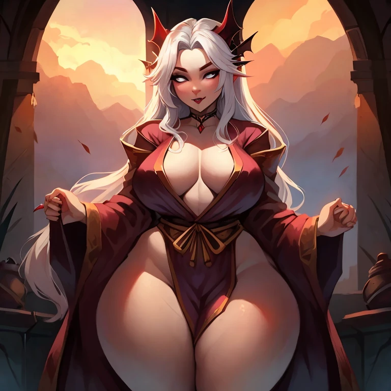 flat chest, massive hips, massive thighs, massive ass, femboy, staring lustfully, androgynous, vampire, long white hair, white eyes, robes, voluptuous