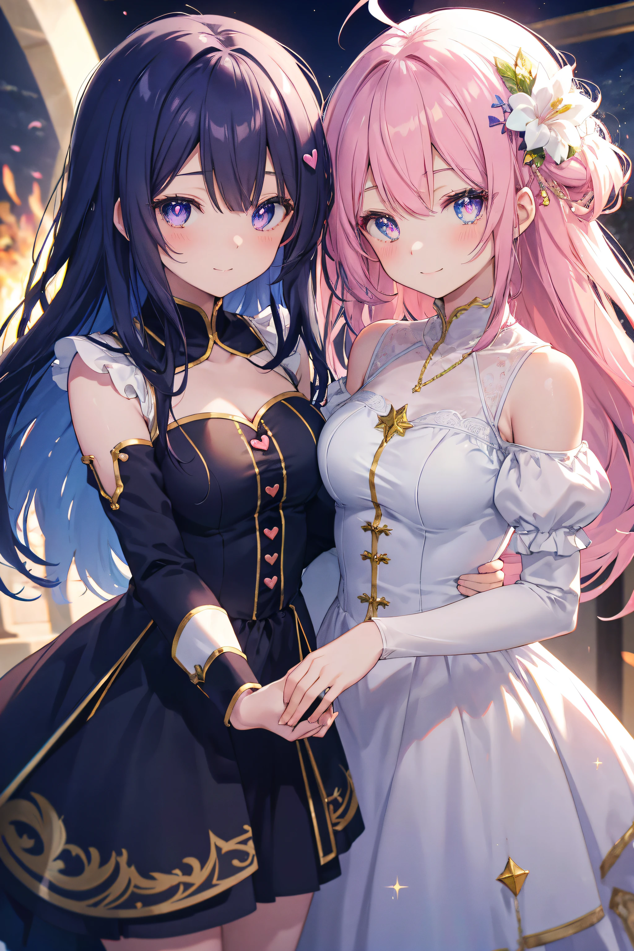 Anime, 2 femmes vêtues de tenue médiévales, fantaisie, vêtements de dame, adolescentes filles, Contexte médiéval, ahoge et cheveux longs, les yeux pétillants, pupilles enflammées, Ornements, épingles à cheveux à fleurs, Nuit, Des étoiles dans le ciel, Souriant, Grand sourire, les 2 filles sont fontaine des câlins, pupilles cardiaques, Abus d’éruption de lentille, aberration chromatique, détail élevé, Anime, romantisme, sur l’art, profondeur de champ, Flou de mouvement, Lumière rougeoyante, grain du film, UHD, rétine, précis, Chef-dœudansre, anatomiquement correct, peau texturée, Super détail, high détails, de la haute qualité, Primé, meilleur qualité, Haute résolution, 16k