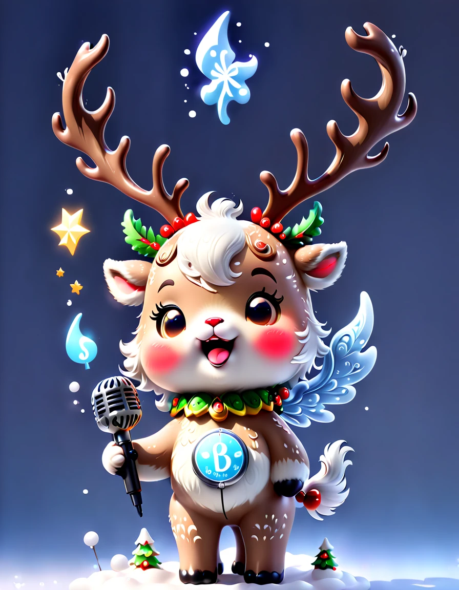 chalk gray style, ((1 glowing magical and cute Christmas reindeer))，((Singing with a microphone)), ((Syllable symbols floating in the air))，Christmas elements，Snowy days，8K,Irridescent color, kawaii, cute big breasts, number art, high qulity, The is very detailed, 3Drenderingof，Bright colorinimalist style，Disney  style，translucent