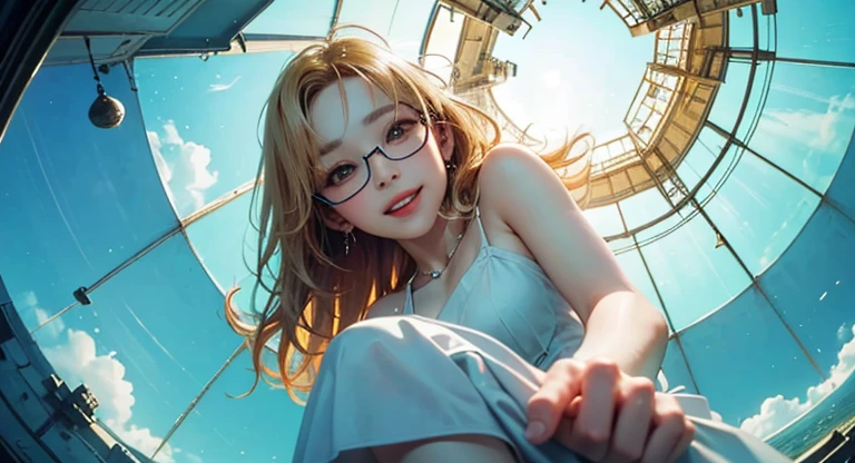 ( Masterpiece, best quality , shot from below , 75mm lens, fisheye:1.2 ), ((pov from below:1.4)), (( beautiful, luxurious, greenhouse dome:1.5, glass panels, plants of colours, vibrant , extreme high detailed, intricate details )). ( 1woman_/(kimtaeyeon/), narrow face, strong jaw, [plump cheeks], transparent round glasses, dark hair with blonde highlights, loving smile, beautiful eyes, caring smile, wearing beach summer ootd ), ( cinematic lighting, backlit, soft light)