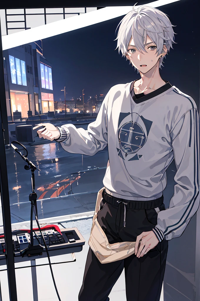 Detailed anime style, tmasterpiece, Studio quality, 6k, fully body photo, 1 boy, high school senior,high and cold,185cm80kg,keyboardist, Has gray eyes, Rochas, sweatshirts, White hair, live performance,detailedbackground, Japanese modern town, complementary lights, detailed shadow, Digital texture painting