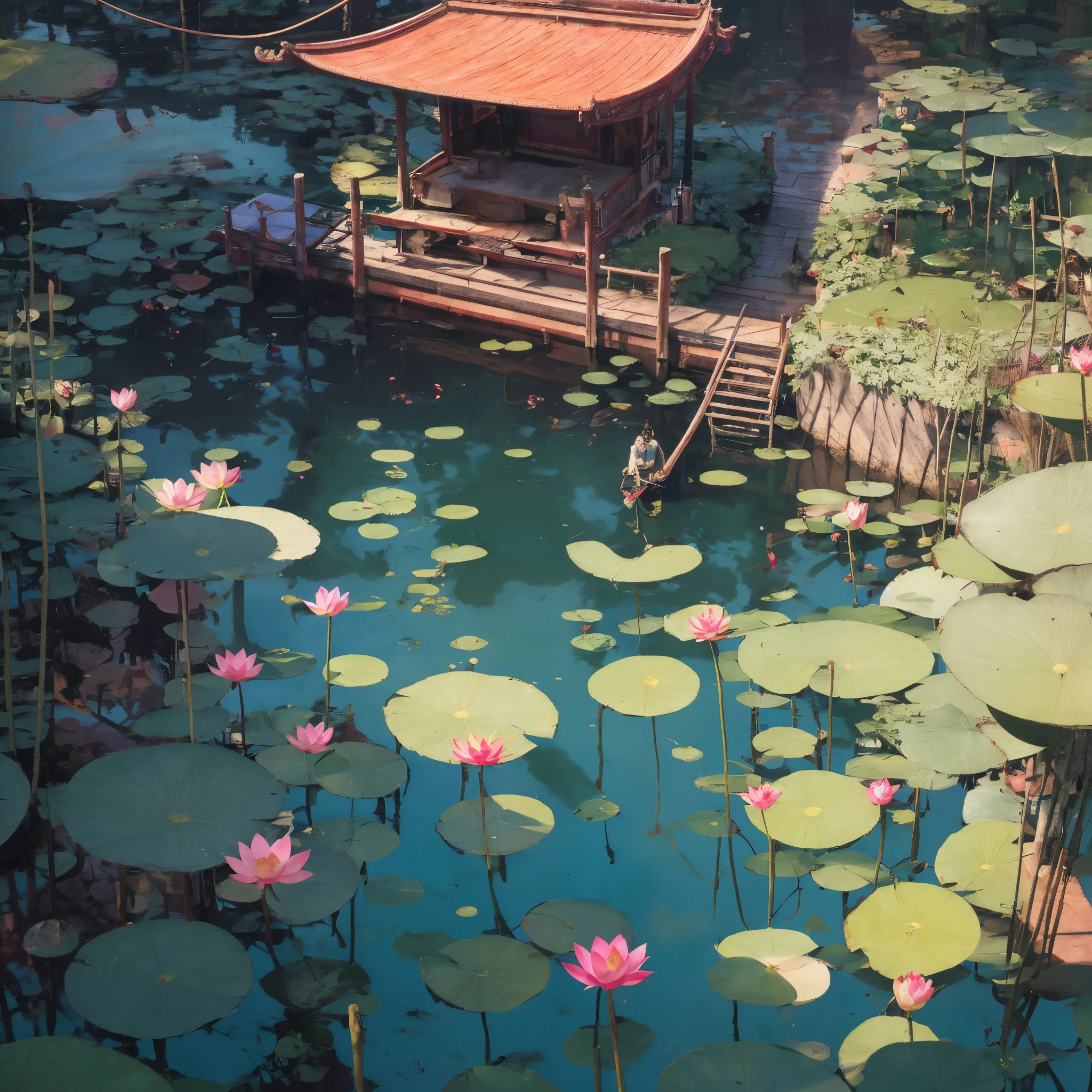 il y a une peinture d&#39;A small boat in one with les nénuphars, Atey Ghaïan 8 K, Ross Tran. Scenic background, Lotus pond, par Li Song, Art conceptuel relaxant, par Yang J, Inspired by Atey Ghailan, Par Atey Ghain, Magnifique concept art, Chinese dream city, a beautiful artwork illustration