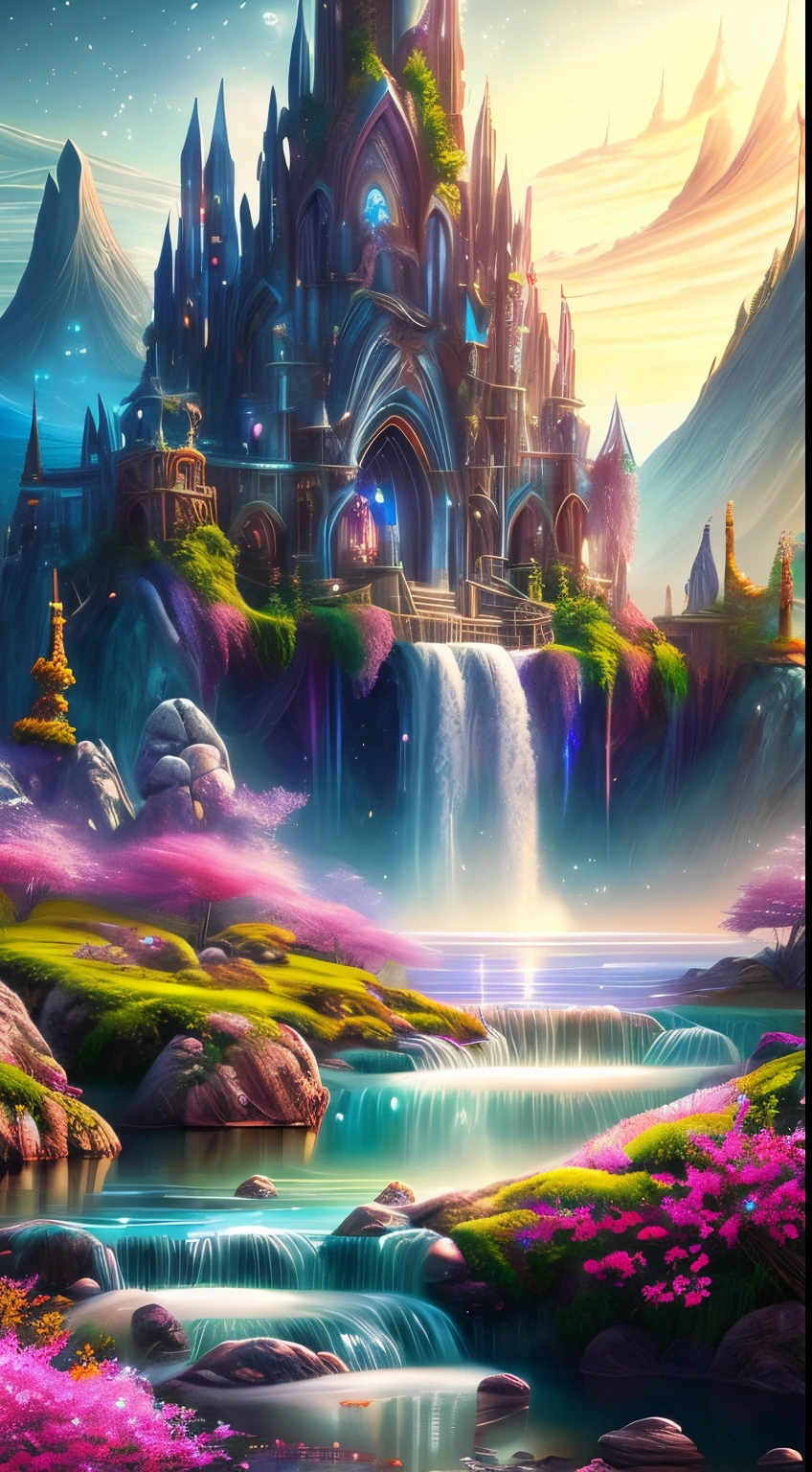 (best quality,4k,8k,highres,masterpiece:1.2),ultra-detailed,realistic, vivid colors,landscape, fantasy(mysterious, enchanting, magical), dreamy atmosphere, stunning, ethereal lighting, sparkling stars, towering mountains, cascading waterfalls, lush green forests, vibrant flowers, mystical creatures, flying mythical beasts, ancient ruins, floating islands, floating castles, whimsical architecture, mystical fog, sparkling rivers, magical portals, hidden treasures, magical glow, serene and peaceful, otherworldly beauty, fantasy adventure.