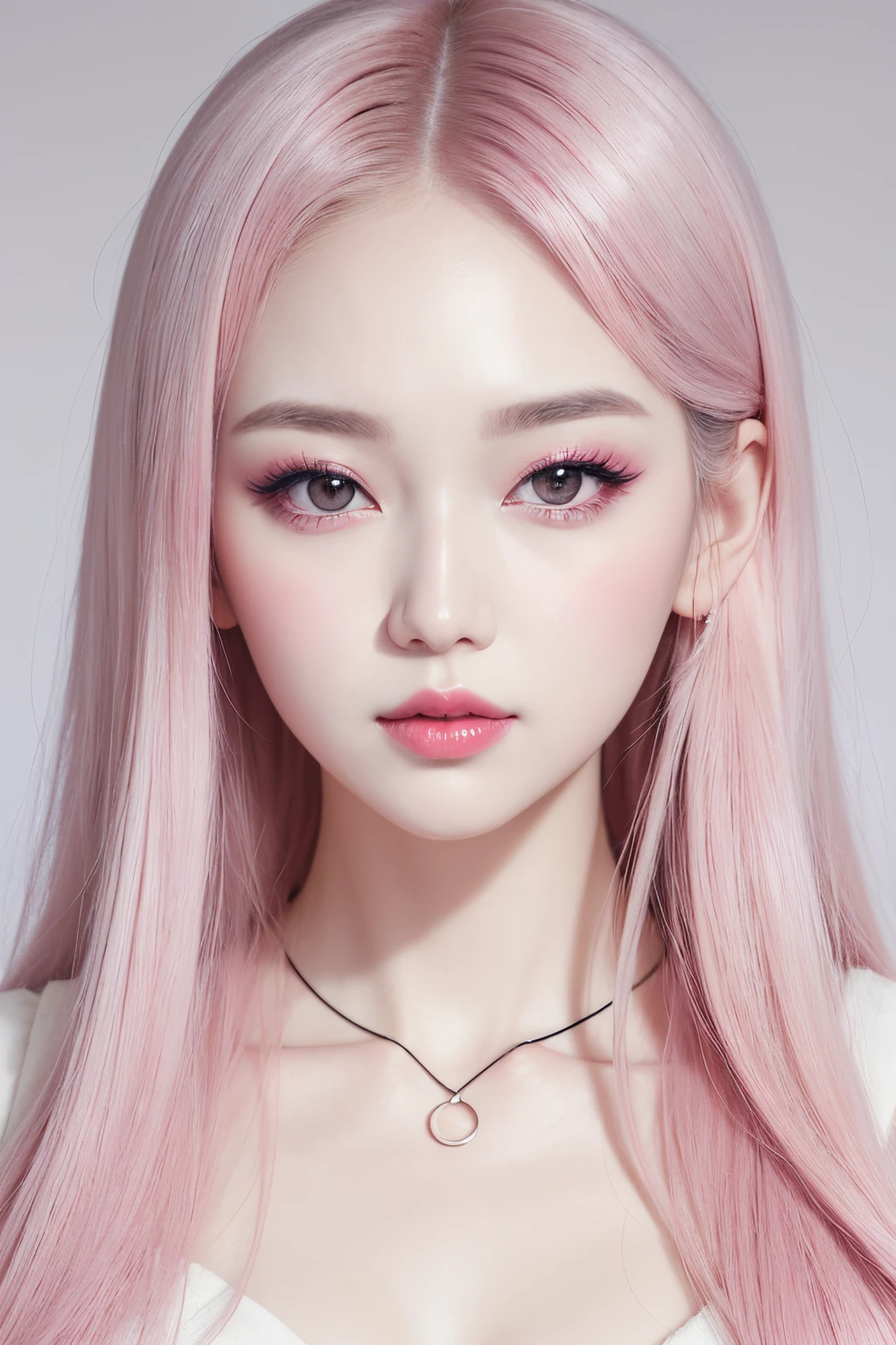 pink lipstick, popular south korean makeup, wlop glossy skin, popular korean makeup, korean face features, luts, pale milky white porcelain skin, soft makeup, light makeup, soft round face, with round face, round and well-drawn eyes, inspired by Yanjun Cheng, kawaii realistic portrait