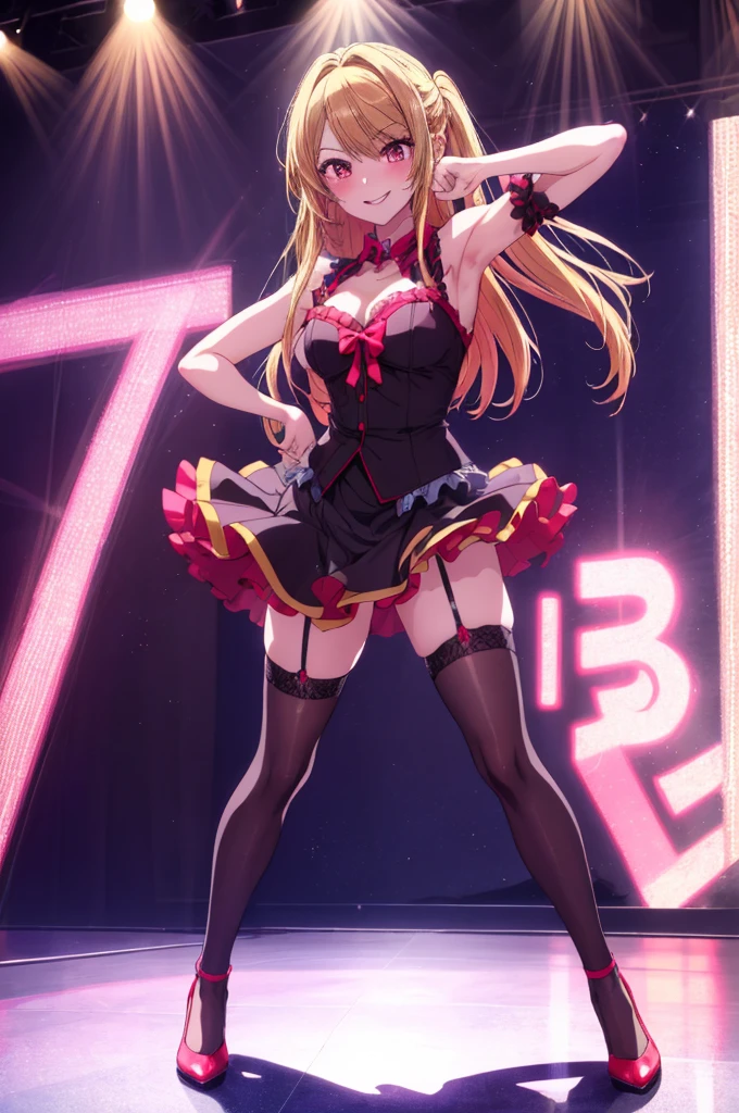 anime, beautiful face, highly detailed face, detailed perfect eyes, perfect hair, perfect lips, accurate arms, accurate hands, perfect legs accurate footware. highly detailed background, front lighting, perfect lighting, full body, 1girl, solo, ruby hoshino, ruby, oshi no ko, heels, blonde hair, thighhighs, stockings, absurdres, high res, ultrasharp, 8K, masterpiece, looking at viewer, (sexy pose:1.5), (full body:1.5), idol outfit, idol, revealing idol, skirt, cleavage, stockings, dynamic pose, full of delight, smiling full of compassion, blushed, on a stage, concert, performing on stage, cute gestures