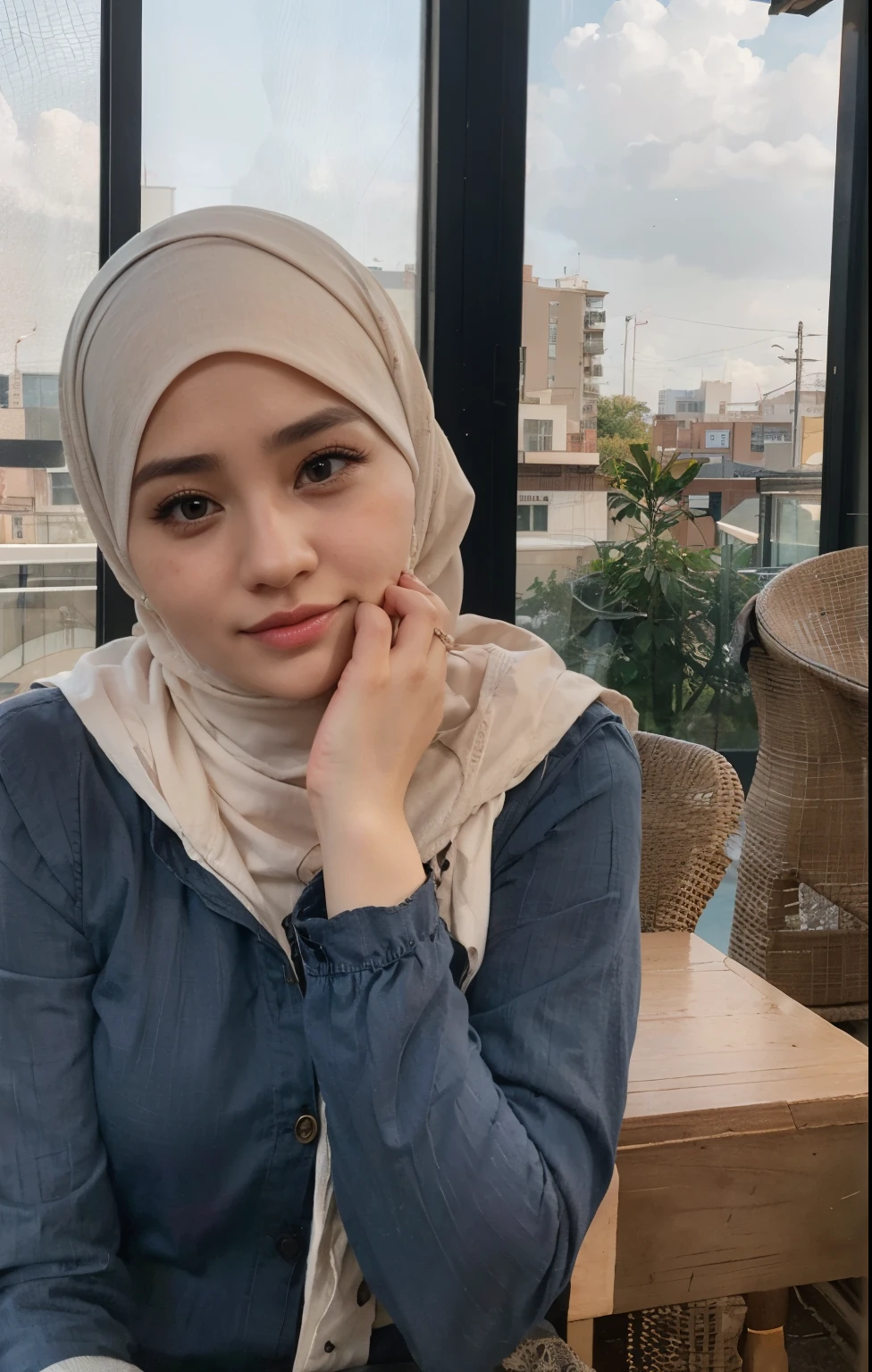 there is a woman sitting at a table with a cup of coffee, hijab, 🤤 girl portrait, malaysian, with accurate face, with cute - fine - face, she has a cute face, with kind face, realism artstyle, with round face, dilraba dilmurat, realistic footage, aesthetic!!!!!! female genie, realistic picture, with cute doting eyes