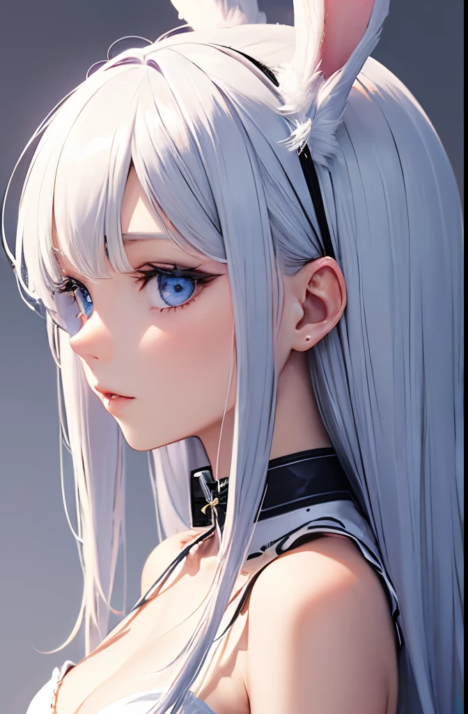 best quality, details, light blue eyes!, make cute white hair 22years old girl with white bunny ears band, straight hair, sfw under top small breasts, sfw profile picture, soft purple background