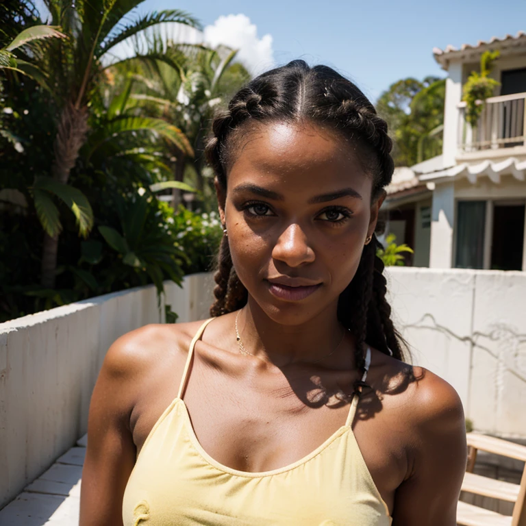 Influenciadora digital sozinha fazendo self, Uma mulher negra cerca de 20 anos, hair with braids, retrato em close-up, hazelnut eyes, olhar encantador, olhar sedutor, Visual elegante, usando roupas da cor amarelo fechado, do lado de fora da casa dela, varanda de casa, bom humor, apartment balcony scene, frente a praia, salvador na Bahia, Fotografia RAW, 8k, , master part, corpo inteiro, Qualidade Superior, Poro Fino, Realistic, fotorrealista, ultra detalhado